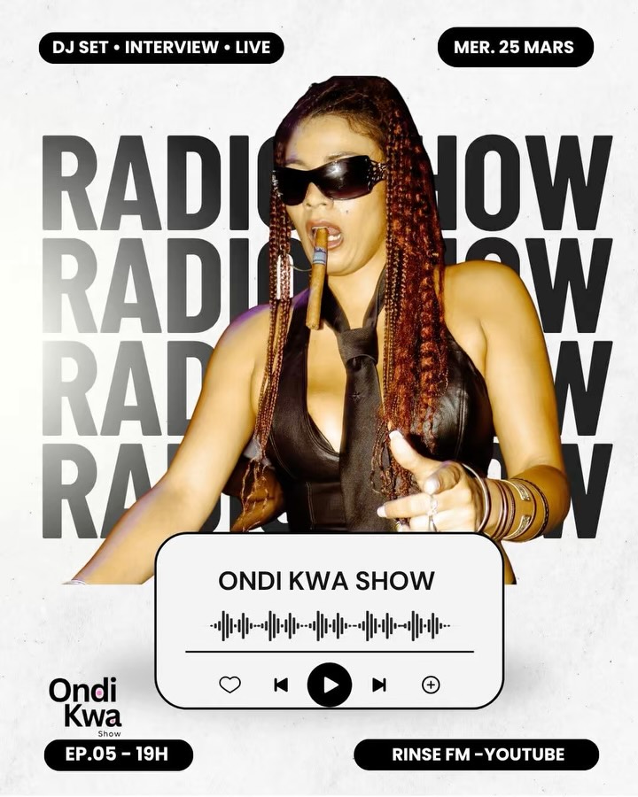 Mercredi prochain ✨ EP-05 ONDI KWA SHOW ⭐️
J’aurai le plaisir de recevoir des guests de folies 🎙️
Qui incarnent les nouvelles énergies de la scène AFRO CLUBBING 🔌 des univers singuliers qui naviguent entre LOGOBI, Afro décalé, trap, new bouyon, electro new wave… etc 🎵
Un show curaté et présenté par moi-même 🤭
@lolaondikwa , vous me connaissez RPZ l’#avantgarde
Avec DJ set, Interview et performances live
Restez branché·es… ça va être dégâts dégâts 💫🧨
📅 Mercredi 25 mars 19h
📍 En direct sur Rinse FM et YouTube
🎙️DJ et Host : @lolaondikwa
🎧 Invités : @iam.bialy @kel9da @dibby.officiel @twizzy.cinco
#ondikwashow