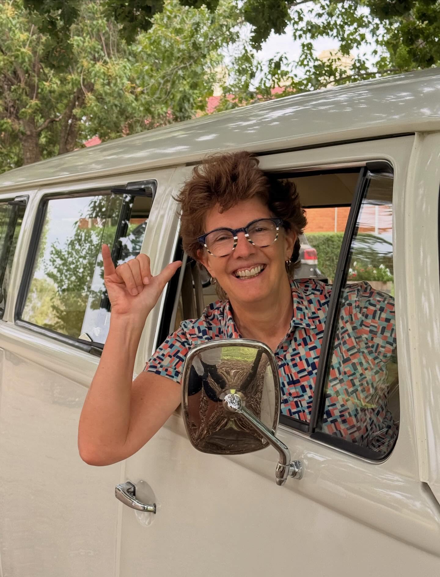 One happy camper!! Ok we’re not really camping and Sue isn’t really driving, but was do happy to sit behind the wheel and pose for photos.
No it wasn’t the wine tasting that made her fall in love with the kombi but her love for the old v-dub came because she used to own a 72 bug!
All the way from Canada, Sue and guests enjoyed their cruising, 70’s style, between the cellar doors of Rutherglen.
Wine and Kombi’s and this beautiful region provided the perfect day for everyone on a wine tour with us.
#winetours #kombitours #explorerutherglen