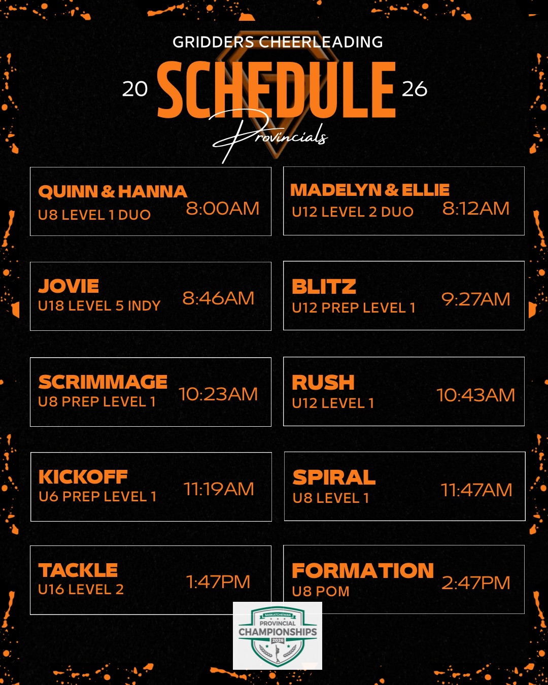 It’s that time… Provincials is this weekend! Our last comp of the season so let’s make it loud, proud, and unforgettable!💚🧡
#sask#canada#cheer#provincials#gridderscheer