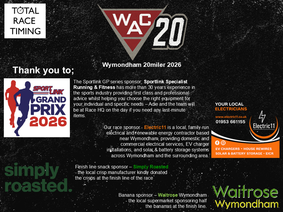 Last slideshow for this year and a big thank you - firstly to our Wymondham AC Race Committee for tonight's hardwork - packing all the goodie bags πΌ for Sunday. Thank you for @4sportsgroup for pulling these out of the bag (π) and getting these here after the Middle East conflict threatened to ruin all the months of careful planning! However a massive thank you goes to our Race sponsor β‘οΈ @electric11_ltd β‘οΈfor providing vital sponsorship and allowing this to happen, our Finish Line snack sponsor @simplyroastedcrisps for donating all the crisps π₯ for the goodie bags & @waitrose_wymondham for donating half of the bananas π (not yet packed for obvious reasons π ). Lastly, our continued thank you to @sportlinkrunningandfitness for sponsorship of @sportlinkgp @athleticsnorfolk events in generally. ππ» #TeamWAC #WAC20 @visitwymondham @wymondham_magazine @eastern_daily_press @totalracetiming