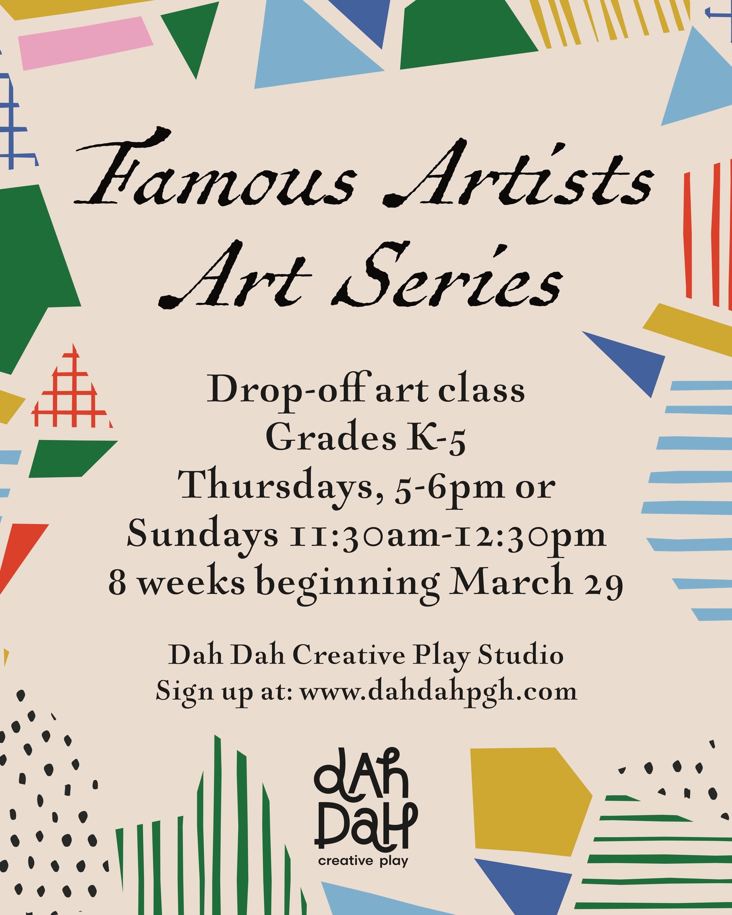🎨 FAMOUS ARTISTS 🎨 Looove this series! We’ll read a story about a new artist each week and make a piece of art inspired by them. Kids must be in Kindergarten or older! Sign up at www.dahdahpgh.com (linked in bio).