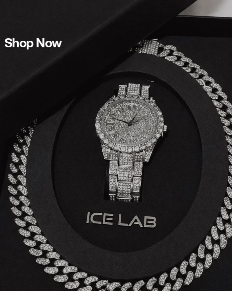 Ice Lab Iced Out Watch and Silver Cuban Link Chain Set