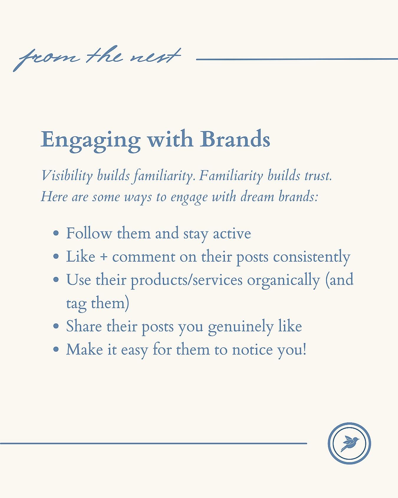 tips from the nest: engaging with brands! ✨🤝
Recently, we had a client who got a paid campaign all because she followed the brand and the brand noticed her content and reached out! While this doesn’t always happen, it’s a great practice to continue engaging with those brands you want to work with one day! 🤍 #tipsfromthenest