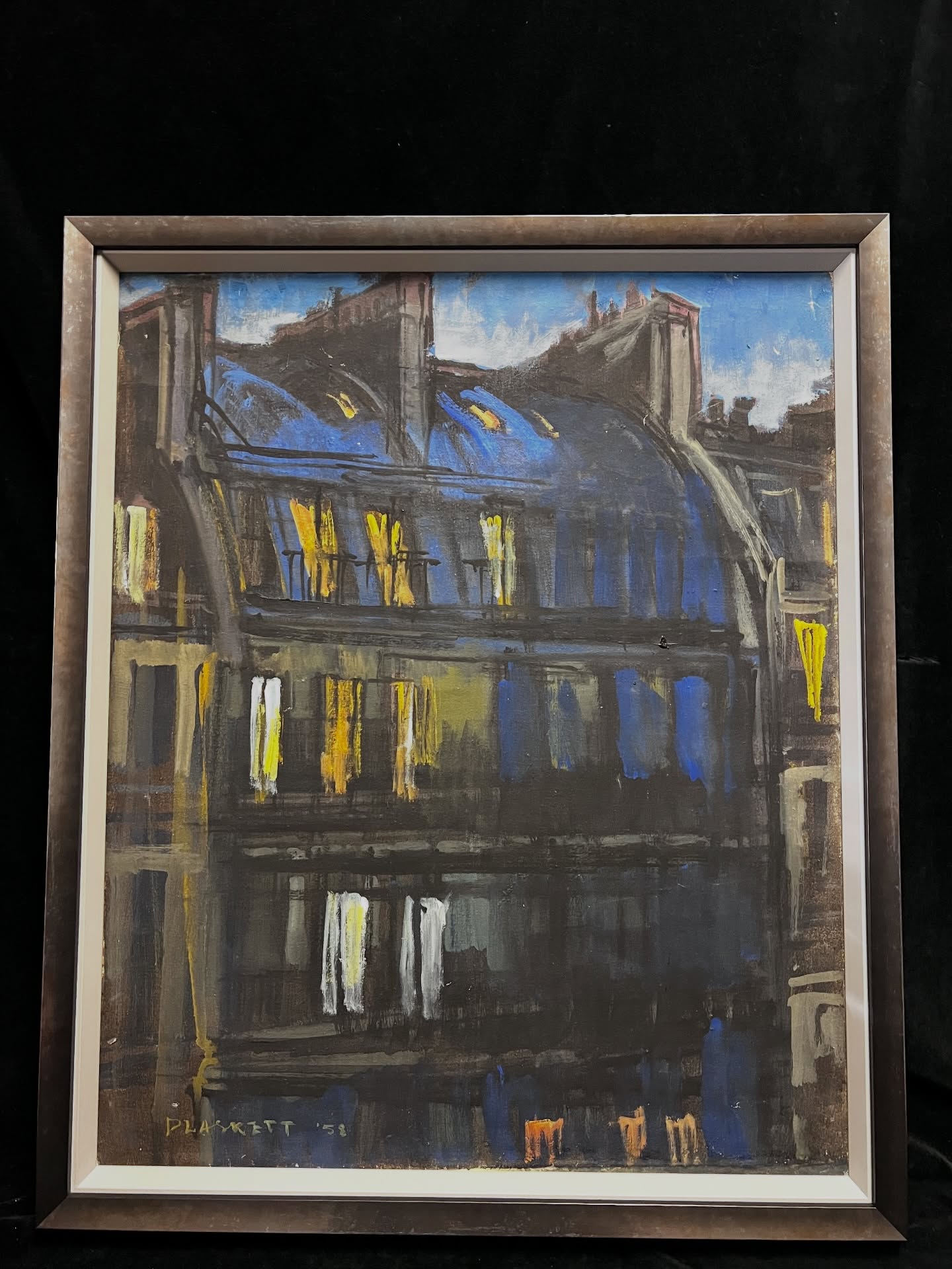 Joseph Plaskett (1918–2014)
Night on the Boulevard, Paris, 1958
A beautifully moody Parisian night scene by Canadian modernist Joseph Plaskett, capturing the glow of boulevard lights reflected across the city’s architecture. The rich blues and ochres evoke that unmistakable Paris evening atmosphere — intimate, luminous, and quietly alive.
Freshly presented in a new custom frame, which enhances the depth and sophistication of the composition.
Signed and dated lower left, 1958.
Available at the shop and online.
DM for details.
#josephplaskett #canadianart #midcenturymodern #parisianart #originalart artcollector artforsale vancouvergallery interiordesign fineart modernart artdealer gallerywall timel
