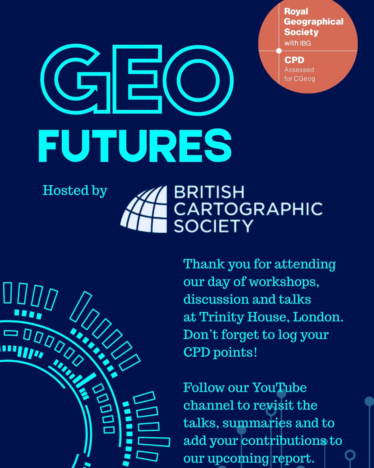 Thank you for attending our day of workshops, discussion and talks at Trinity House, London.
Don’t forget to log your CPD points!
Follow our YouTube channel to revisit the talks, summaries and to add your contributions to our upcoming report.
#geofutures