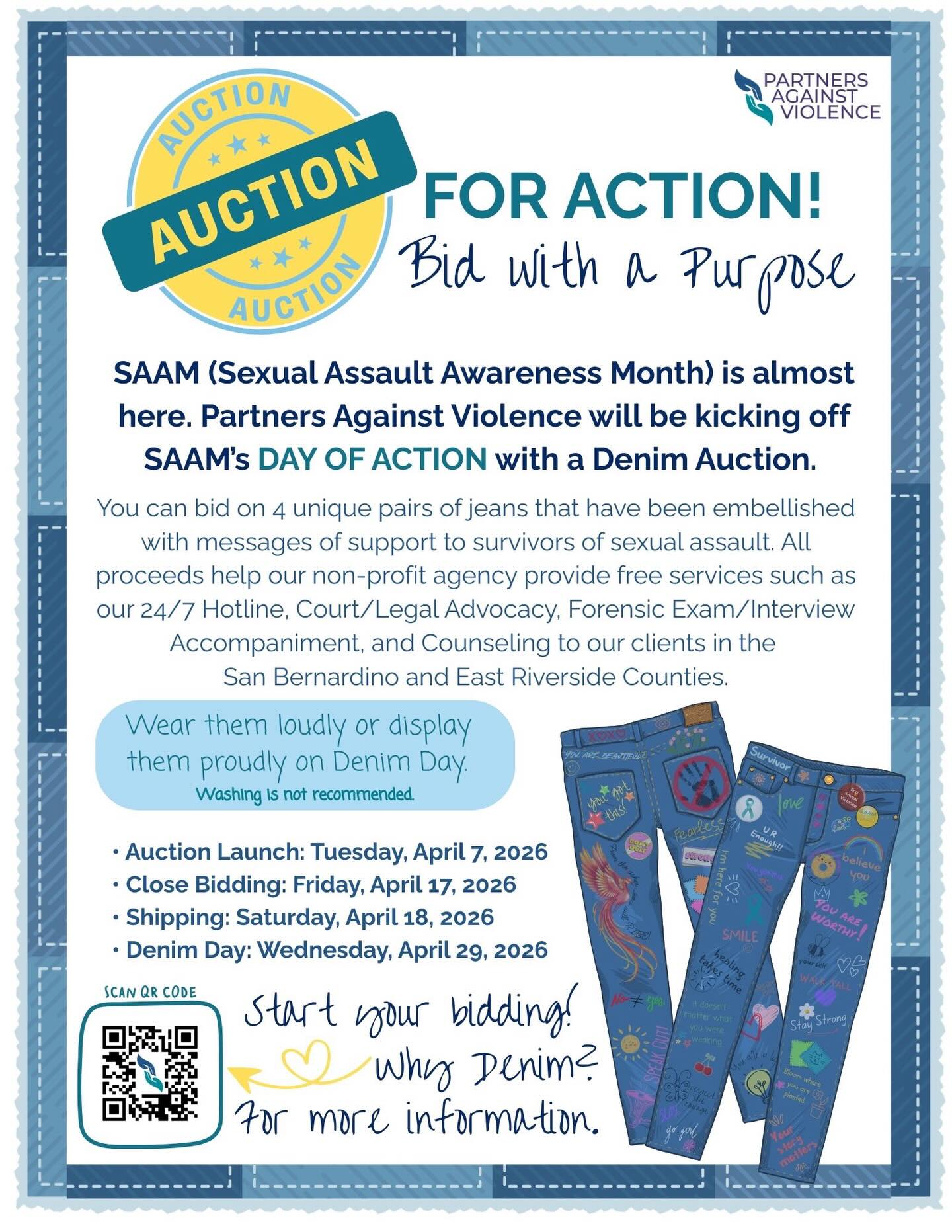 You asked, we are making it happen! People want to buy our jeans right off of the display and now they can. Jeans inspired by our #DenimDay tabling events are up for grabs. Our 4 locations have been working on uniquely decorated jeans that will be auctioned during SAAM. Proceeds support survivor care. Stay tuned for the completed designs and bidding instructions. Mark your calendar for opening bids on 4/7. We can’t think of a better way to kick off SAAM’s Day of Action than to have an Auction for Action. #BidWithAPurpose #saam2026 #getready