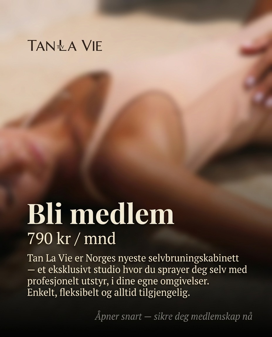 Forskjellen mellom «helt ok» og «wow» ligger i detaljene ✨
Vi er Tan La Vie – Norges nye spraytanning-konsept, og vi er klare for å endre hvordan du gjør spraytan! 🎉
Tan La Vie er et selvbetjent spraytanning-studio der du booker din tid, stepper inn i kabinettet og får en perfekt, naturlig glød – helt på egenhånd, helt på dine premisser. Ingen ventetid, ingen awkward smalltalk, bare du og din glow-up. Vårt studio er designet for å gi deg en premium opplevelse fra start til slutt, med alt du trenger klargjort og klart når du ankommer.
Nå åpner vi opp salg av medlemskap til en helt unik lanseringspris 🔥
790 kr per måned
Studioet er ikke åpent enda, men vi åpner veldig snart – og de som sikrer seg medlemskap nå, er førstemann inn dørene når vi åpner! 🚪✨
Følg med for åpningsdato og sikre deg din plass allerede nå på tanlavie.no 🤎