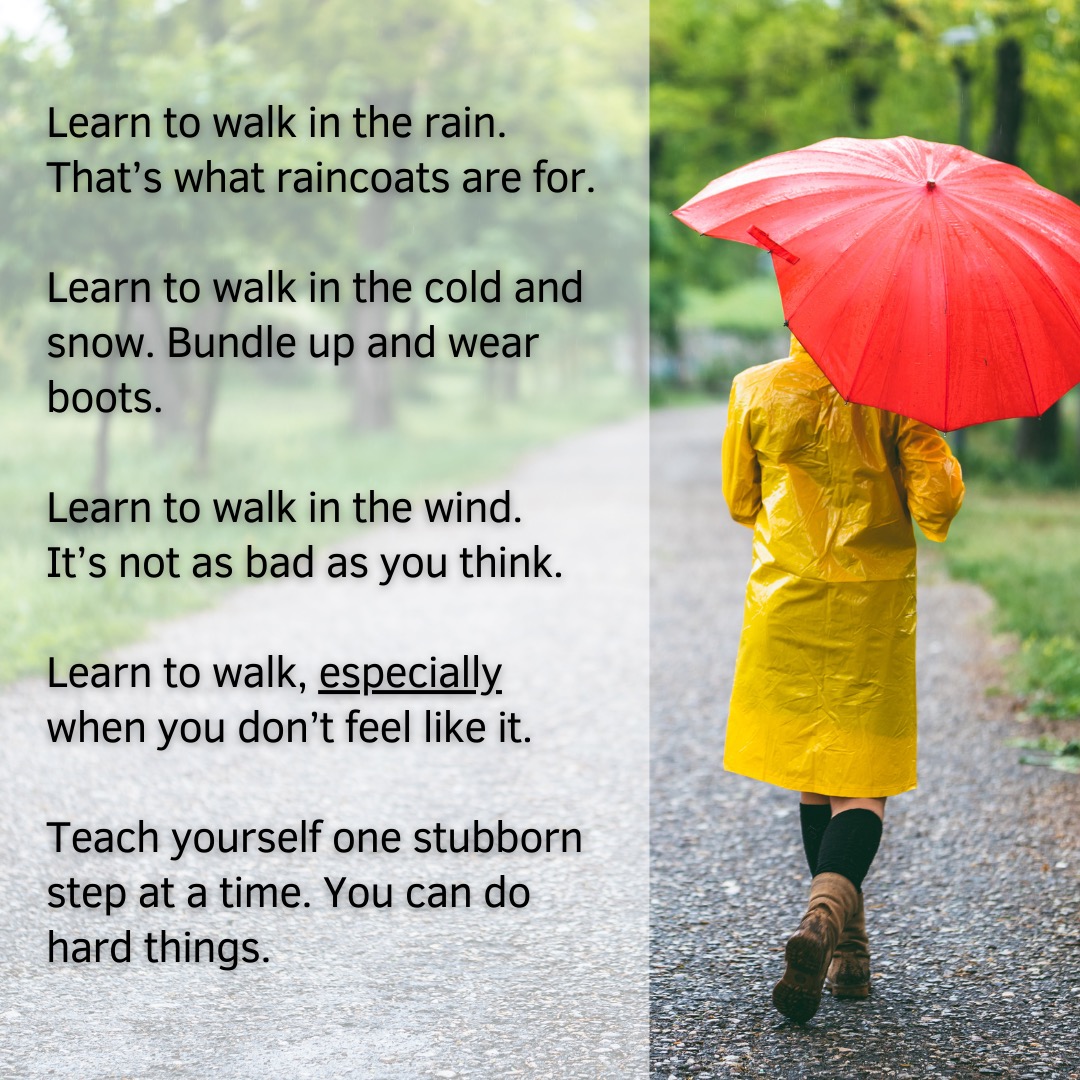 I mean it literally, learn to walk in the rain. Don't let 3/4 of the time pass you by just because the weather isn't perfect. Go outside anyway. Learn to walk in the rain, snow, cold, wind. Especially when you don't want to. Teach yourself to do hard things. You'll be invincible. ☔️🦆💪🏻