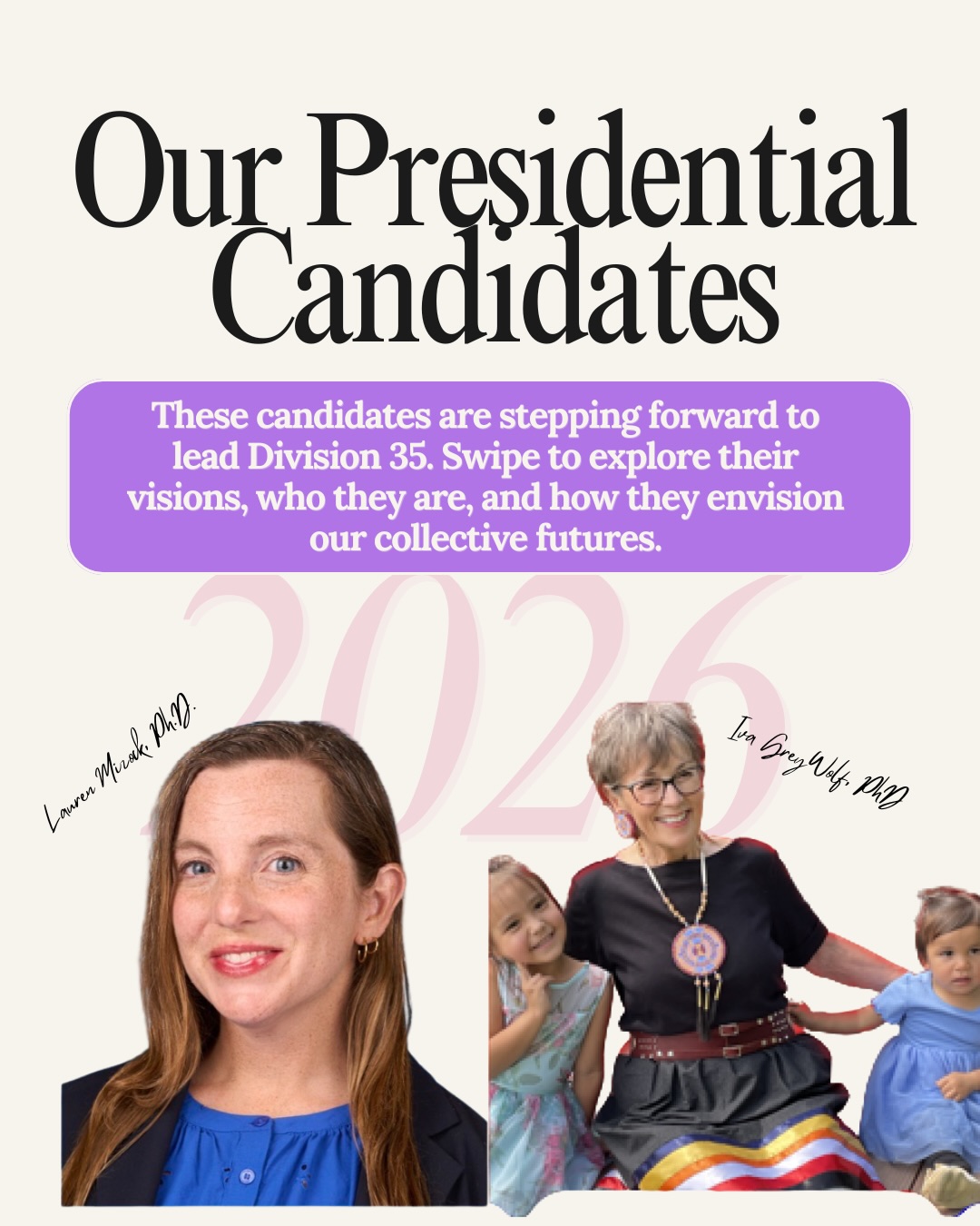 Meet the leaders running for Division 35 President—each passionate about vision, leadership, and feminist psychology.
Swipe to explore their priorities and what they plan to build with our community.
🗳️ Your voice matters—stay engaged and be ready to vote.