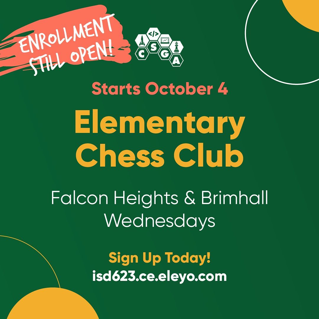 Before-school Chess Club has started in @roseville_communityed! We’re at multiple schools in the district, so there’s a good chance our program is at your school!
While some sessions have already started, enrollment is still open. We always help our chess buddies catch up on anything they’ve missed!
#CSGA #CSGAEnrichment #RosevilleCommunityEducation #CommunityEd #RosevilleMN