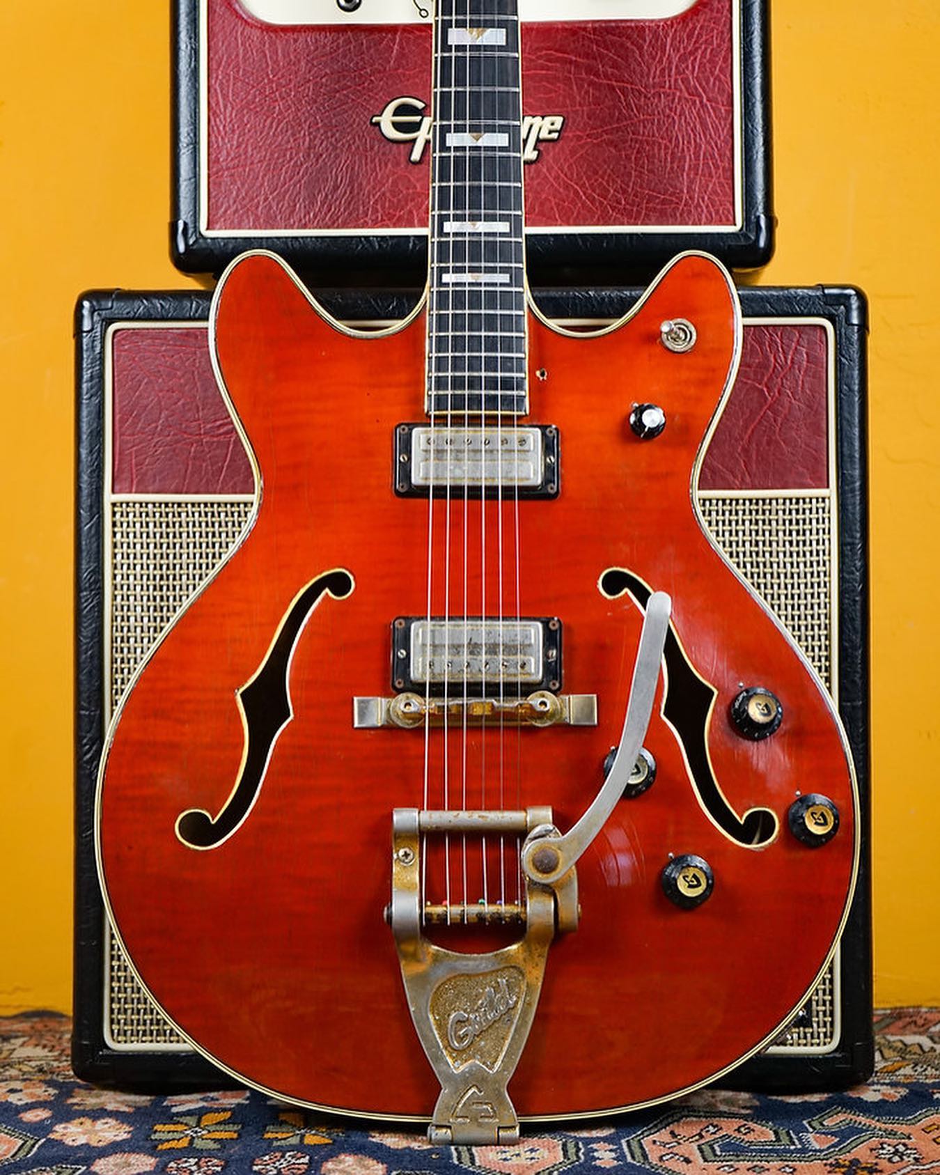 1965 Guild Starfire VI.
This one went quickly and it’s easy to see why.
From the first year of issue, being Guild’s highest-end electric offering at the time. No expense was spared in the construction of these models, featuring an ebony fingerboard, all gold hardware and a Guild branded Bigsby.
This one is all original save for the (long lost) pick guard. Though sad that is, its absence really reveals that gorgeous Cherry Red, flamed maple top.