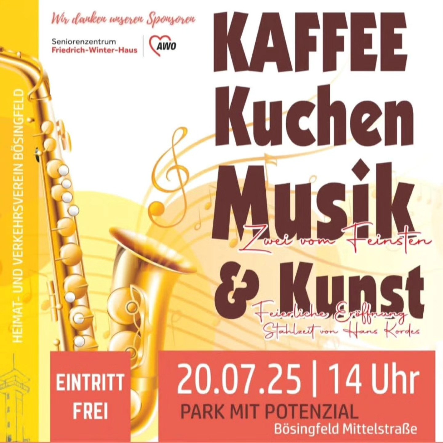 Am 20.7. um 14 Uhr lädt der Heimat- und Verkehrsverein Bösingfeld wieder ein zur beliebten Veranstaltung "Kaffee, Kuchen, Musik & Kunst im Park mit Potenzial" an der Mittelstrasse in Bösingfeld. Musikalisch begleitet wird die Veranstaltung auch diesmal wieder hochkarätig vom Duo "Zwei vom Feinsten" mit Bulli Grundmann (Gesang und Gitarre) und Hans H.Krückemeier ( Piano) aus Bielefeld. Ausserdem wird bei dieser Veranstaltung feierlich und offiziell die Ausstellung "Stahlzeit" der Kunstwerke von Hans Kordes aus Verl im Park mit Potenzial eröffnet. Der Künstler wird natürlich auch dabei sein. Bei schlechtem Wetter findet die Veranstaltung im Festsaal des Friedrich Winter Hauses (Pagenhelle 3 in Bösingfeld) statt.