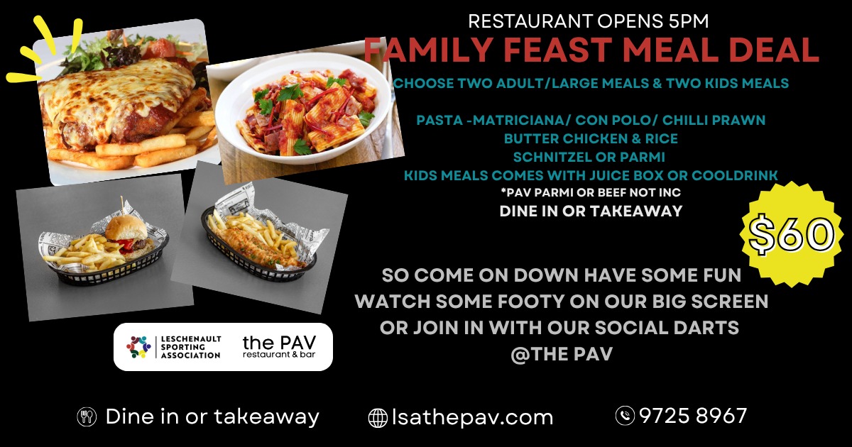 Footy on the big screen tonight! ๐๐ฅ
Catch all the action on the projector and settle in with a cold drink ๐ป
Weโve got some great specials running, including our Family Feast Meal Deal that was a hit on Thursday night ๐
Bring the crew, grab a feed, and enjoy the game at The Pav!