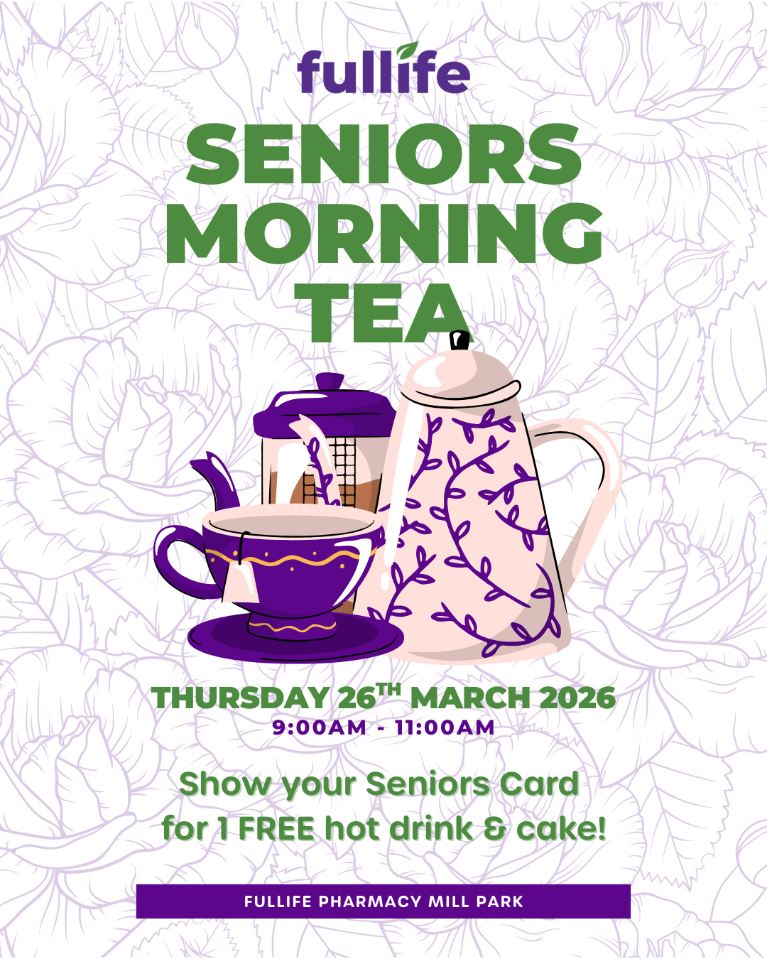 Seniors Morning Tea!
Our next Seniors Morning Tea is scheduled for Thursday 26th March.
Simply show your seniors card for 1 free hot drink and cake!
Make sure you spread the word and share this with someone who might like to join us 💚💜