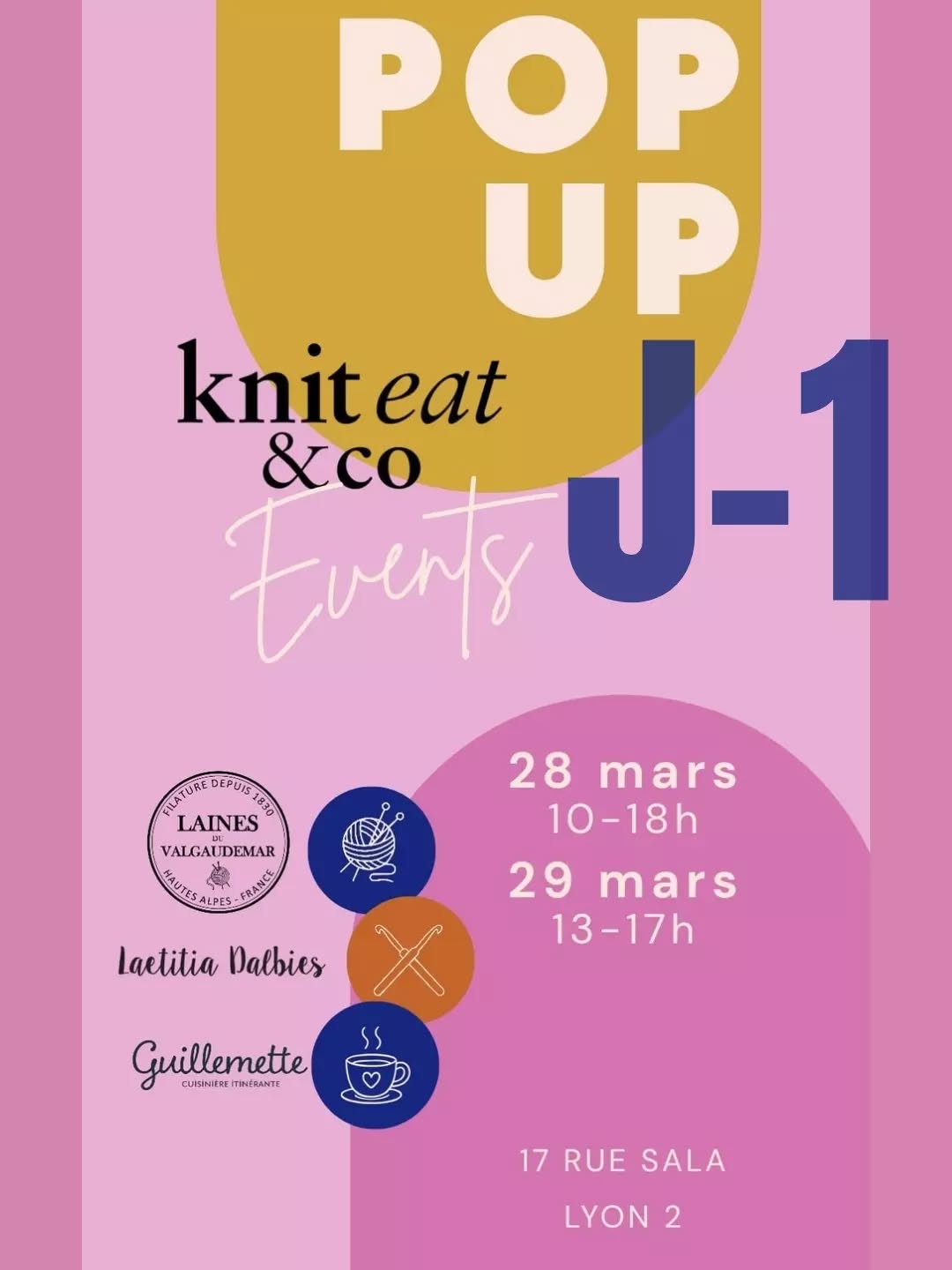 🌸🌸 POP UP PRINTEMPS J-1 🌸🌸
Samedi 28 & Dimanche 29 Mars 2026
Où?
Café Anne
17 Rue Sala
69002 LYON
@cafeanne.lyon
Quand?
Entrée libre le samedi de 10h à 18h
Resto Tricot (sur réservation) de 19h à 22h
Entrée libre le dimanche de 13h à 17h
Brunch (sur réservation) de 10h à 12h
- Présence de @lainesduvalgaudemar avec une belle sélection de ses plus beaux fils
- Présence de @laetitiadalbies
- stand de Goodies Knit Eat
- cookies et gâteaux by Guillemette all week-end long
Le Pop Up est accessible en entrée libre tout le week-end sauf lors du Resto et du Brunch
#kniteat #popup #yarn