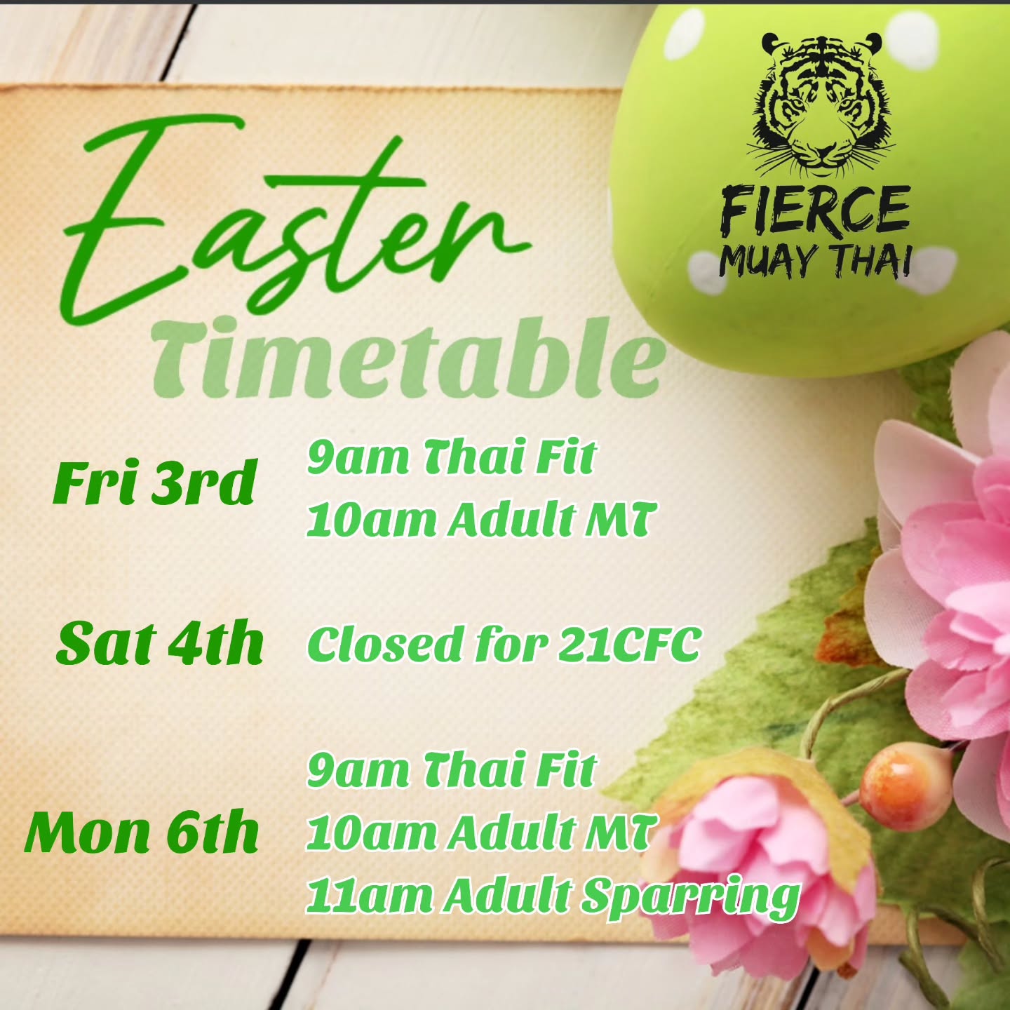 🐣Easter Timetable🐰
Plenty of time for Easter egg 🥚 hunts and overindulging on hot cross buns 😋 around these sessions so we hope you can join us!
Saturday Classes ❌️CANCELLED❌️ as 6 of our @fmtjuniors are fighting on @21cfightchampionship and would love your support if you can make it🙌🏼
All updates are ready to book in the system.
The usual Monday 5pm Junior's class is ❌️CANCELLED❌️ but they have the option of an alternate class in the same week, check your inbox or junk mail for details.
#muaythai #FierceFamily #easter #muaythaigym