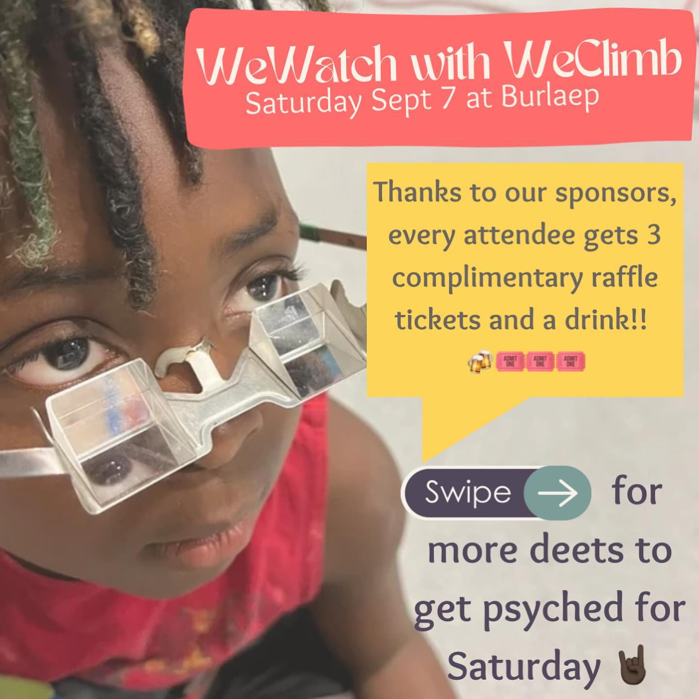 THIS SATURDAY! Only a few days left until WeWatch with WeClimb!!
📣Everything you need to know📣
👀 quick double take - you saw that right!! Each attendee gets a chance to win! 3 raffle tickets and 1 beer 🍻(21+), thanks to our awesome sponsors!!
Saturday Sept 7
Doors open 6:30
mingle and hang > film viewing > panel > raffle
GET STOKED FOR
💸@burlaep donates 15% of sales to WeClimb
🍻 beer provided by @huttonandsmithbrewing
🚚🍍@fudforvybez fruit snacks truck
Raffle prizes generously donated by our sponsors 😍
- @fourbridgesoutfitters
- @highpointclimbing
- @rab.equipment.na
- @seclimbers
- @cruxconditioning
- @synergyclimbingandninja
- @thecrashpad
- @callioperestaurant
- @ernestchinesechatt