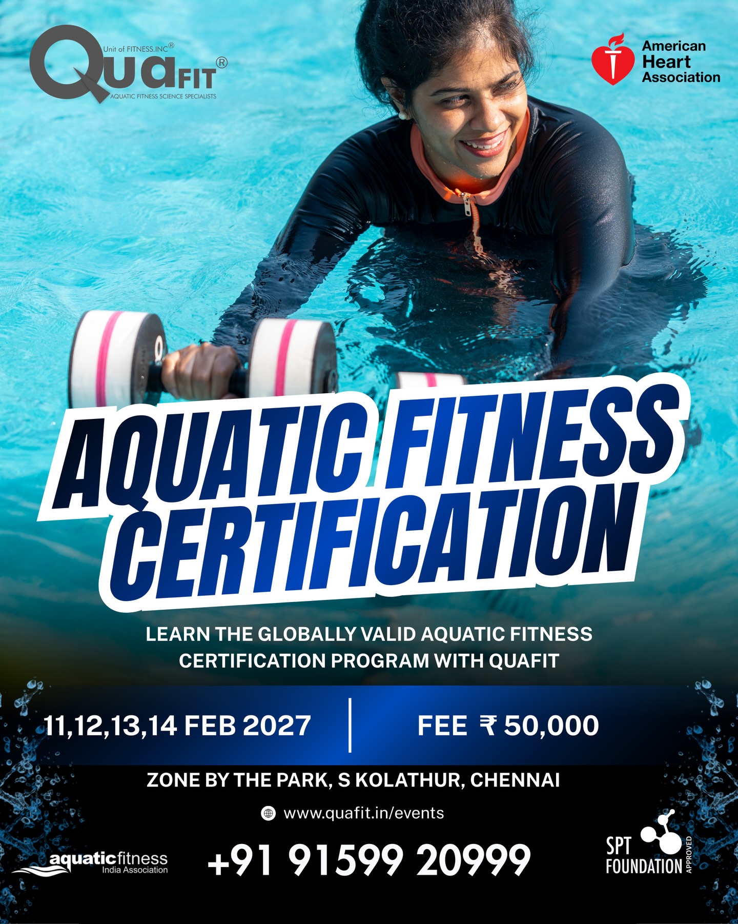 Batch 7 (2027) REGISTRATION OPEN NOW.
FEW SEATS LEFT.
Dive into a new career with our Globally recognised Aquatic Fitness Instructor Certification program by Quafit.
Join us at Chennai on
February 11,12,13,14 2027
to gain expertise in water fitness training. Learn from top professionals and get certified in essential skills like
✅ AHA CPR & AED
✅ foundational aquatic fitness,
✅ safety measures,
✅ stretches, and
✅ program design.
Don’t miss this opportunity to become a specialist in the growing field of aquatic fitness!
📞 For more information,
contact us at
+91 91599 20999
or email at
info@quafit.in
Venue partner: @zonebythepark_chennai
Imaging partner: @clickflickpictures
#AquaticFitness #InstructorCertification #quafit #fitnesscertification #cprtraining