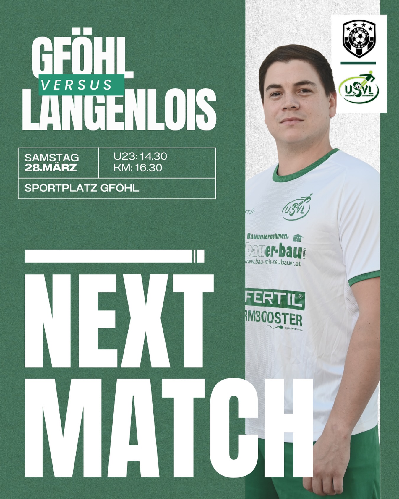 SPITZENSPIEL IN GFÖHL 🔥💚🤍
Am Samstag wartet der nächste Kracher auf uns:
Derby und gleichzeitig Spitzenspiel gegen den @scadmiragfoehl_official 💪🏼
Wir treffen auf den aktuellen Tabellenzweiten und wollen alles reinhauen, um unseren Vorsprung weiter auszubauen. 🔥
Anpfiff:
14:30 Uhr – U23
16:30 Uhr – Kampfmannschaft
Kommt mit nach Gföhl und unterstützt unsere Jungs bei diesem Topspiel! 🙌
#forzausvl #nextmatch #derby #spitzenspiel #auswärtsspiel