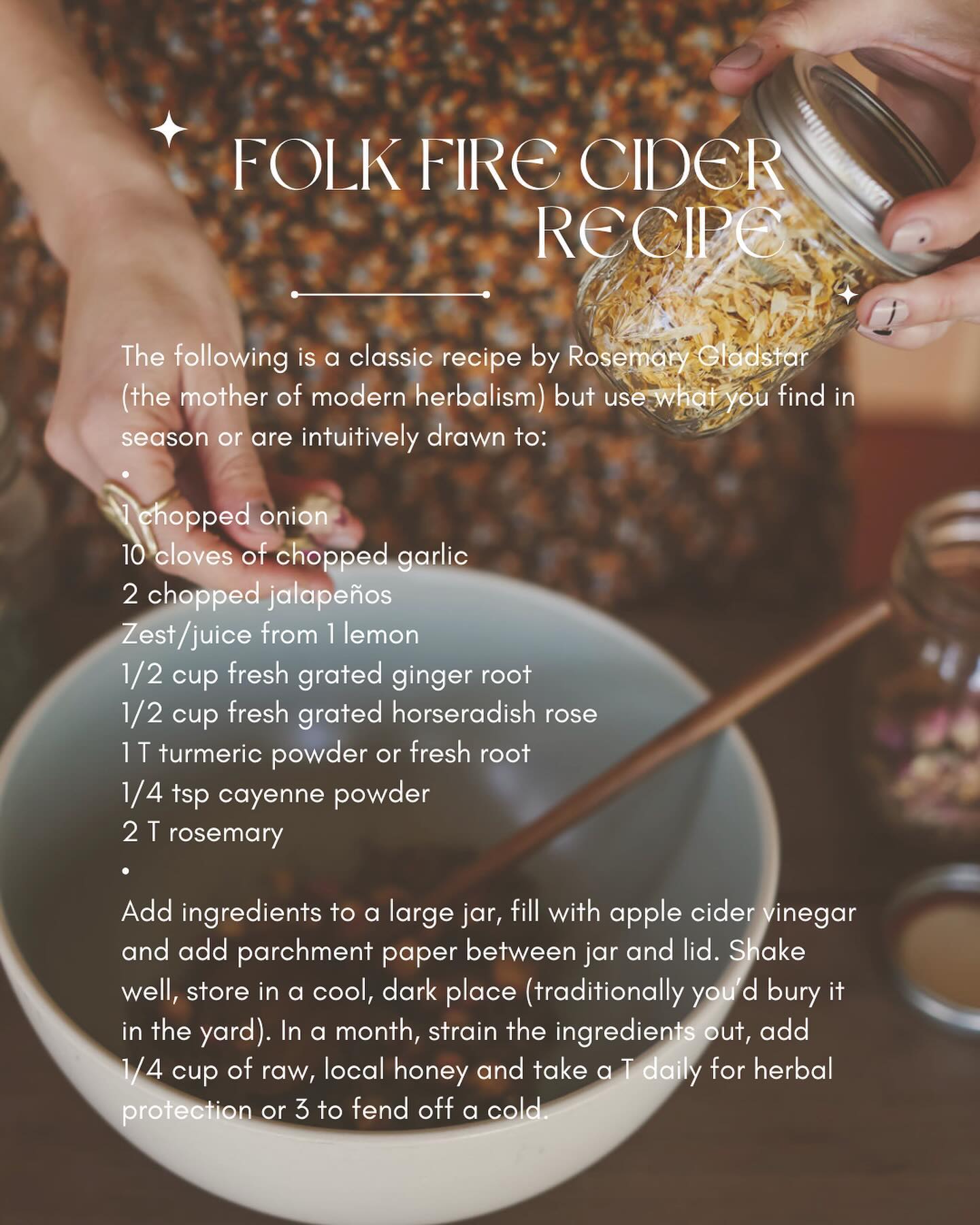 Something very dear to me that I don’t post about often is my herbalism training & practice. While it’s technically not in my “scope” of practice as a therapist to incorporate herbalism into sessions, working with herbs is a deeply integrated part of how I tend to my family’s health & wellness, and how I connect to the natural word and her seasons/phases.
These days, my practice mostly involves making custom tinctures, teas & elixirs for my family and friends, including weekly batches of elderberry syrup and daily herbal infusions to nourish me while in sessions.
One of my favorite seasonal traditions in early autumn is making and setting fire cider up for steeping, so it’s ready later in the season for a holiday-time immunity boost. This is a great activity to do with kids (mine takes a super watered down version of this *spicy* brew, with lots of honey or syrup added in!). I’m sharing a basic recipe here, but feel free to improvise with what you have on hand- the beautiful thing about folk recipes (and herbalism in general) is that it’s not an exact science but an intuitive craft 🌼🌾🌿