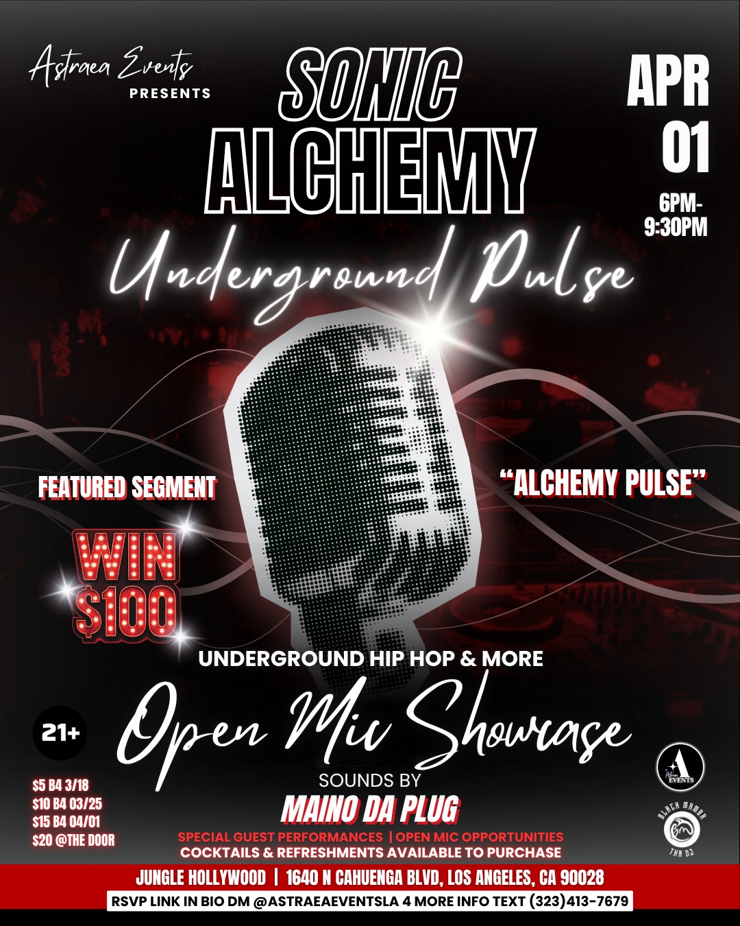 Who’s behind the night… and who’s stepping on the stage.
Sonic Alchemy: Underground Pulse
🎤 Headliner: @Damo10Kk
🔥 Feature: @zotaiga
And many more talented artists
On the mic: @yvsvillage
Sounds by @mainodaplug
Curated & hosted by Vibe Alchemist @00x.astraea
📍 Jungle Hollywood @junglehollywood
📅 April 1
⏰ 6PM–9:30PM
A night built on real energy, rising artists, and live performances that move the room.
🎤 Featuring the Alchemy Pulse segment$100 to the artist who brings the most energy
🎟 Tickets available now — link in bio
Slide 2 or Slide 3… which one are you on? 👀👇
#Astraea✨ #UndergroundPulse #LAHipHop #HollywoodEvents #OpenMic
