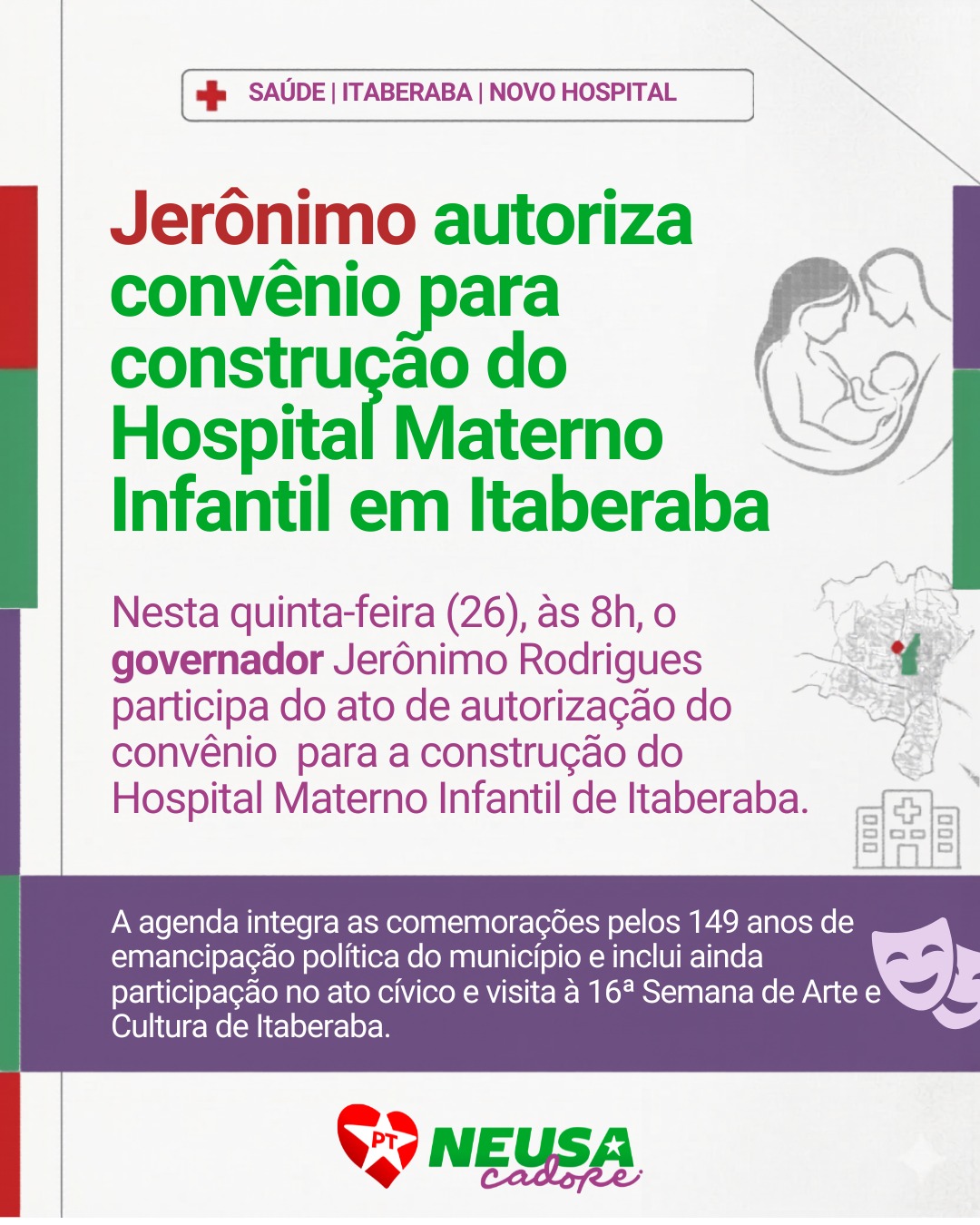 Mais um passo importante para Itaberaba e para a saúde pública da nossa Bahia.
Nesta quinta-feira, o governador Jerônimo Rodrigues autoriza o convênio para a construção do Hospital Materno Infantil de Itaberaba, uma agenda muito significativa no dia em que o município celebra seus 149 anos de emancipação política.
É um anúncio que dialoga com o cuidado, com a proteção à vida e com o fortalecimento da rede de saúde para mulheres, crianças e famílias de toda a região.
Além desse momento tão importante, a agenda também inclui o ato cívico em homenagem à história de Itaberaba e a visita à 16ª Semana de Arte e Cultura, valorizando a identidade e a força do povo itaberabense.
Parabéns, Itaberaba, pelos seus 149 anos. Seguimos trabalhando por uma Bahia que cuida, investe e avança.
#Itaberaba #JerônimoRodrigues #SaúdePública #HospitalMaternoInfantil