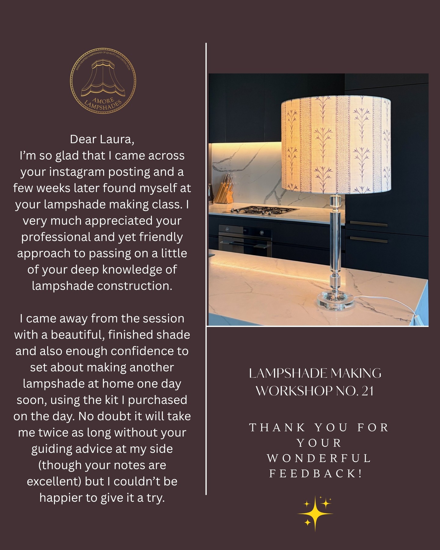 Thank you so much for your wonderful feedback on Lampshade Making Workshop No. 21 held @abbode_interiors last Saturday! Love hearing your thoughts of the day and appreciate that I can share this to my socials. Cheers and love it, thank you! π―π
#amorelampshades
#lampshademaking
#lampshademakingworkshop
#lampshadecourse
#lampshademakingaustralia