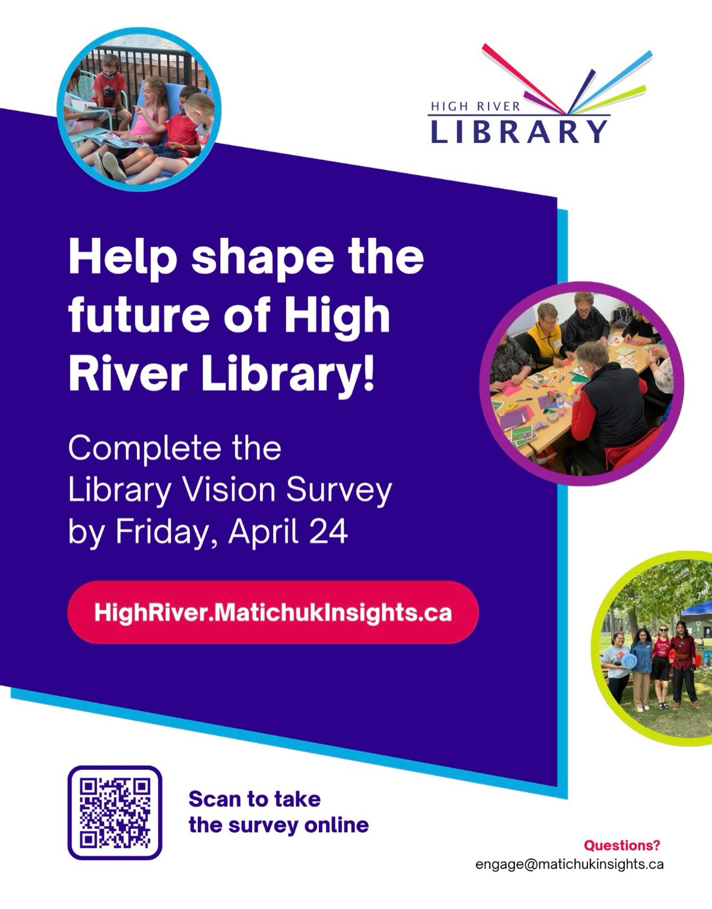 We love our High River Library! If you do too now is your chance to help shape its future.
High River Library is planning for the future, and they want your ideas. They are developing a new Plan of Service to guide the Library for the next five years. To do that, they are listening to the community. They are looking to hear from everyone in High River - even if you have never visited the Library before.
Share with them what you need, whatβs important to you, and how the Library can better serve you. Your feedback will help them decide what they focus on for the next five years.
Complete the survey by April 24 to shape the future of your library! HighRiver.MatichukInsights.ca Or share your interest in participating in a focus group: https://form.fillout.com/t/iQkitDxSuUus
@highriverlibrary #publiclibrary #lovelibraries #communitylibraries