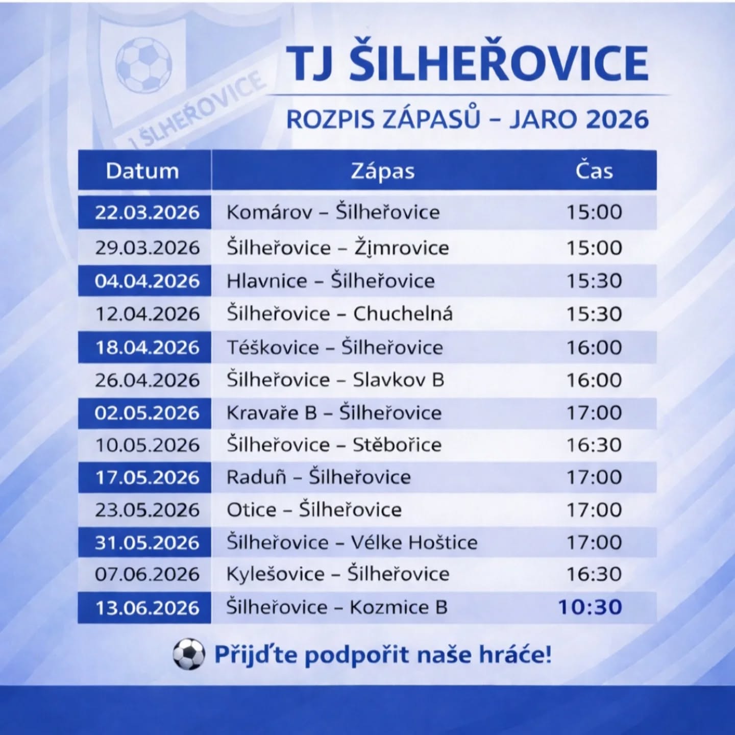 ⚽ Přijďte podpořit náš tým v boji o důležité body! 💙🤍
Každý hlas z tribuny se počítá – buďte u toho s námi!
Těšíme se na vaši podporu! 🙌