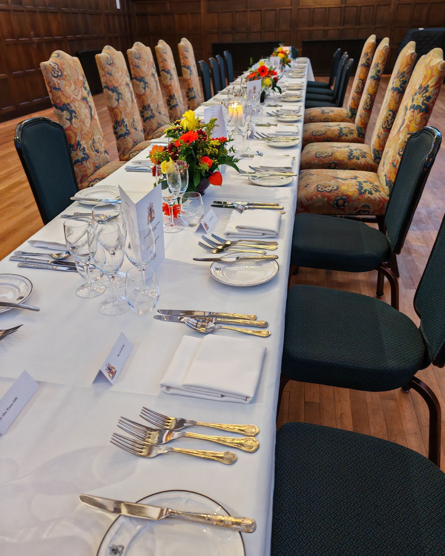 Two ways to do a long table at Merchant Taylors' Hall, York single span for a cosy conversational feel or double span for a formal occasion (especially if you have company silver to display.) #yorkcaterer #merchanttaylors #eatlocal #eatyorkshire #diningdecisions #yorkvenues