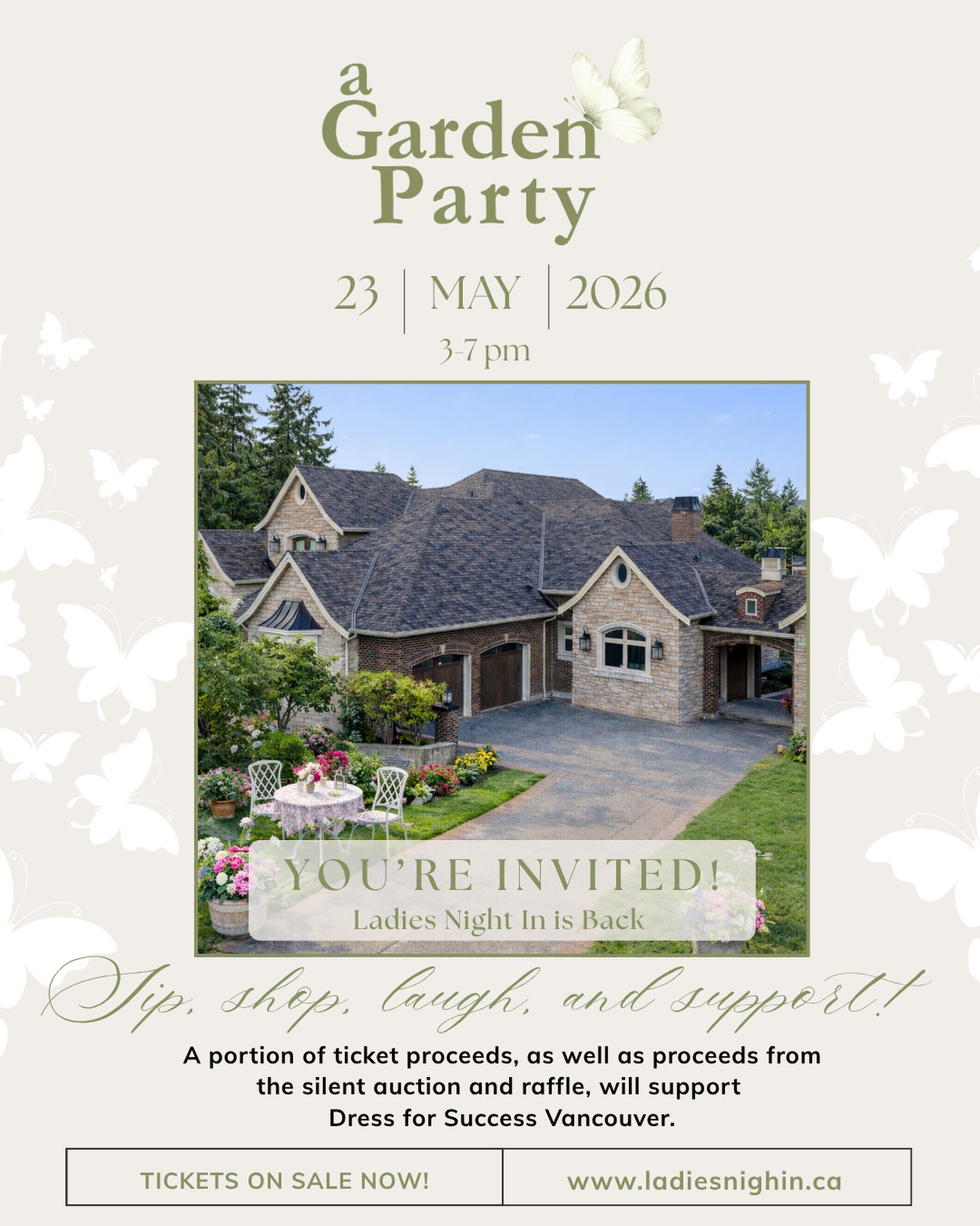 We are thrilled to invite you back to Ladies Night In: A Garden Party a beautiful afternoon set in a stunning luxury home, where women come together to connect, support one another, and celebrate life and business.
Enjoy delicate bites, wine tasting, a butterfly release, inspiring speakers, and the opportunity to explore local merchants in an elegant garden party setting.
Together, we are proud to contribute a portion of the proceeds to @dfsvancouver Dress for Success Vancouver, a meaningful local organization that empowers women and gender-diverse individuals to achieve financial independence and personal success through meaningful employment.
Since 1999, Dress for Success Vancouver has supported over 46,000 individuals by providing professional attire, career development programs, leadership training, and a strong community of support. Their wrap-around services help address barriers to economic security, personal growth, and family stability building confidence, resilience, and opportunities for a thriving future.
Because when women succeed, families and communities flourish.
For all the details and to purchase your ticket visit www.ladiesnightin.ca (See link in Bio )
Be there...be fabulous!
#GardenPartyVibes
#WomenSupportingWomen
#VancouverEvents
#ShopLocalVancouver
#LuxuryLifestyleEvents