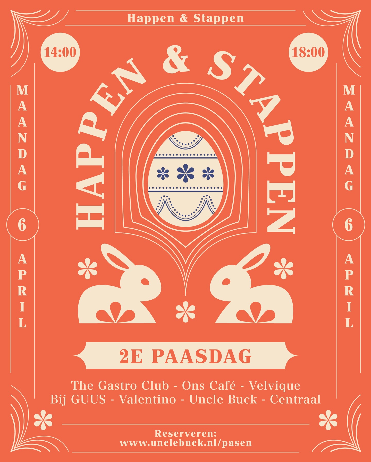 Happen & stappen in het paasweekend! ๐ฃย 2e paasdag (maandag 6 april) maak je goed gebruik van je extra dag weekend.
Kom langs bij The Gastro Club, Ons Cafรฉ, Velvique, Bij GUUS, Valentino, Uncle Buck en Centraal voor een heerlijke start van je week.
Van 14:00 tot 18:00 uur kun je op eigen tempo langs al deze horecazaken in een volgorde die je zelf wil. โ๏ธ
Reserveren is โฌ27,50 en gaat eenvoudig via www.unclebuck.nl. Deze prijs is exclusief drank. De hapjes zijn inbegrepen.