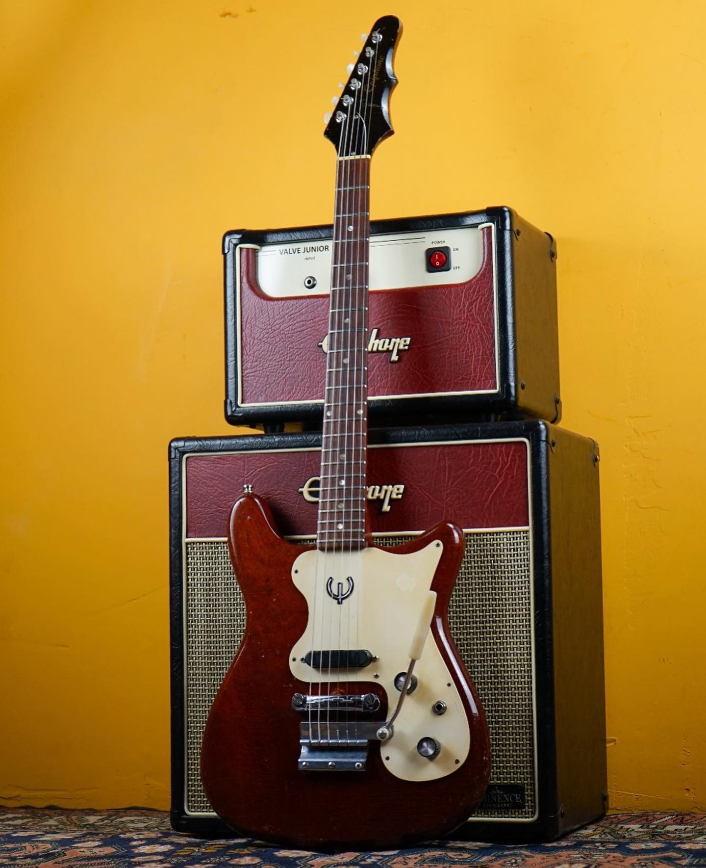 1966 Epiphone Olympic.
A highly underrated solid body, built at the Gibson factory side by side with SG Junior and Melody Maker models.
But don’t be fooled by the ‘student’ model designation - these guitars are dripping with full fat Gibson-built solid body goodness, through and through.
Beautifully naturally aged - take a look at that gorgeous factory Cherry Red lacquer checking.