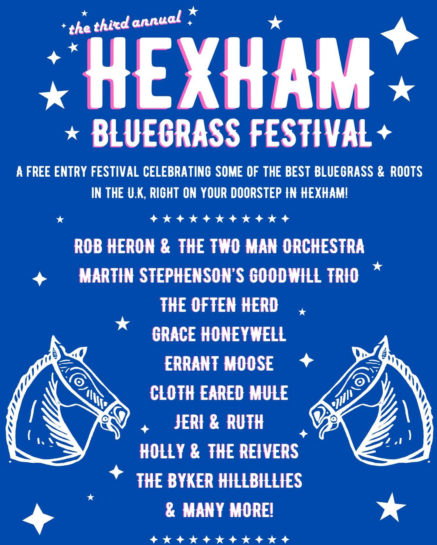 WE’RE BACK! The wait is over, we’re incredibly excited to bring you this year’s Hexham Bluegrass festival and what a fantastic lineup we have for it! Promising to be a weekend of brilliant picking, singing and toe-tapping. We have concerts, talks and workshops completely free to all of the people of Hexham and afar!
As part of the incredible Bandstand Sessions, proudly boasted at Hexham’s beautiful Bandstand at the Sele, we’ll be taking over the park and filling it full of Bluegrass and Roots music from the North East and beyond!
This wonderful celebration of the North East’s finest couldn’t happen without your help so if you’d care to support the Music, Hexham and to ensure this festival stays free please donate using the links in the bio
Keep checking our social media and website for further details and we’ll see you in July! Thanks to @cuttysoams for the artwork!!