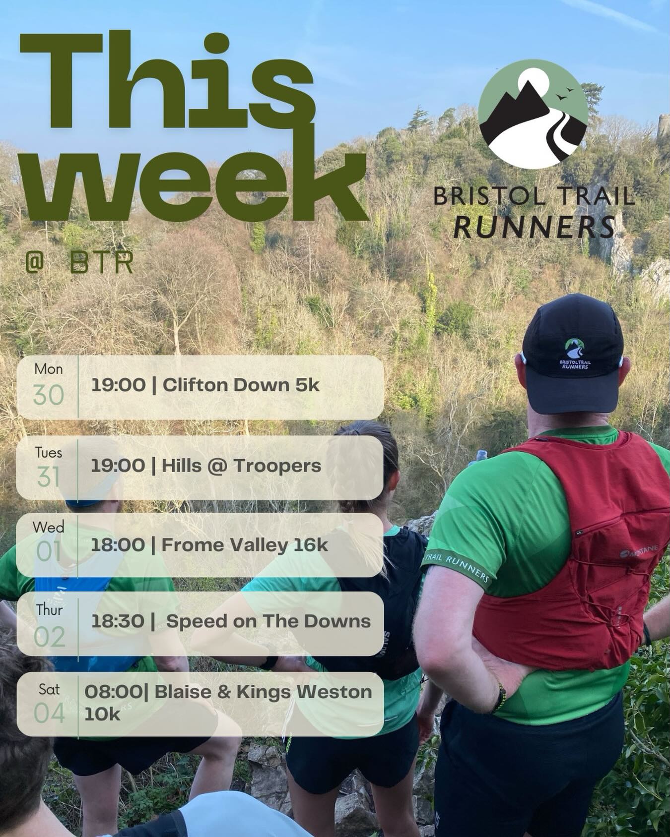 What’s happening this week 🐣
It’s officially British Summer Time. It’s Easter. Longer evenings, dry trails, and a decent excuse for chocolate.
🏞️ Mon 30 Mar – 19:00 | Clifton Down 5-ish K
Our last Monday run until May. Easy, social miles on the Downs to start the week — nothing complicated, just a chance to get out and move with the group.
🔥 Tues 31 Mar – 19:00 | Hills at Troopers Hill
Short efforts up, smooth running back down. A proper midweek session that builds strength and confidence on the climbs — with plenty of regrouping along the way.
🌿 Weds 01 April – 18:00 | Frome Valley 16K
Midweek miles through the valley. Steady effort, relaxed pace, and a good chance to spend a bit longer on the trails with the group.
💨 Thurs 02 April – 18:30 | Speed & Technique (The Downs)
A coached session focused on moving well and running efficiently. Then straight into Fake Friday at the pub afterwards.
🏰 Sat 04 April – 08:00 | Blaise & Kings Weston 10K
A fun, rolling loop linking two of Bristol’s best spots. Expect a few climbs, some good views, and maybe a chocolate stop if anyone’s come prepared.
Not part of the crew yet?
Start your free 7-day trial and come try a run with Bristol Trail Runners - link in Bio
BTR its what we do!💚