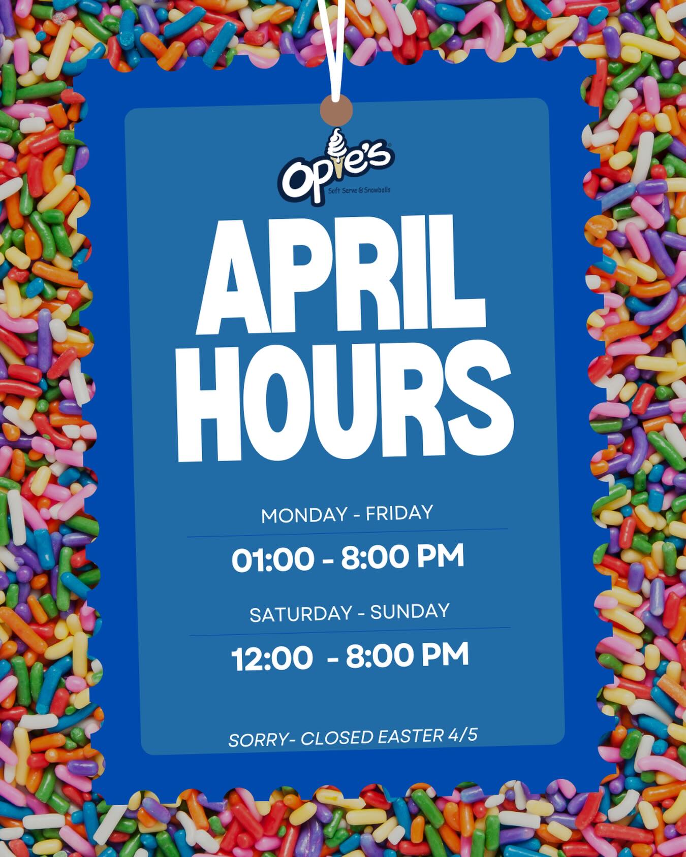 Hello Catonsville! ☀️
It’s that time of year again, and we can’t wait to see all the familiar faces back at Opies!
Our 2026 Opening Day is WEDNESDAY, APRIL 1st! If the weather stays as nice as it is today, we might open a couple days early….. so stay tuned for updates! ☀️🍦
We’re ready for another great season of soft serve, snowballs, and summer fun, and we hope you are too!
Spring Break Hours (April 1 – April 13):
Monday – Sunday | 12:00 PM – 8:00 PM
🐣 Opie dollars and our merchandise make the PERFECT Easter gifts!
Let’s get the summer started! 🍦