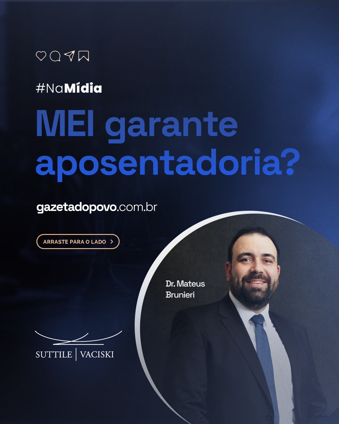 MEI garante aposentadoria?
Nosso especialista, Dr. Mateus Brunieri, explicou os direitos, limites e formas de complementar o benefício em entrevista para a Gazeta do Povo.
👉 Leia a matéria completa:
https://www.gazetadopovo.com.br/gpbc/direito-e-justica/suttile-e-vaciski/mei-garante-aposentadoria-direitos-limites-complementacao-3/
#mei #inss #planejamentoprevidenciario #advocacia #direito #consultoriajuridica #segurancasocial #suttilevaciski