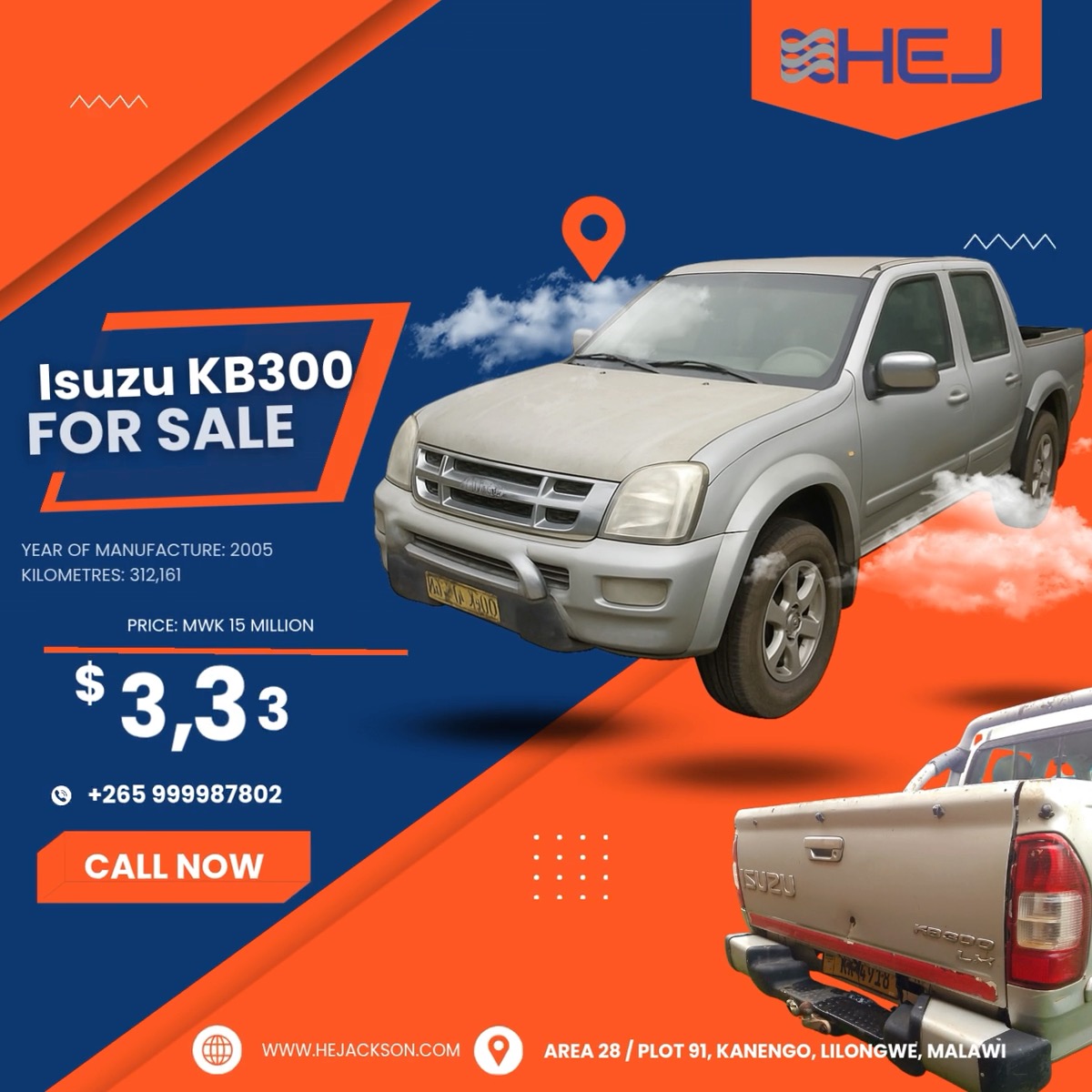 ⚠️ Double Cab Pickup for sale‼️‼️‼️
Vehicle : Double Cab Pickup
Make: Isuzu
Model: KB300
VIN No. ADMTFR77D4C225180
Year of Manufacturing: 2005
Kilometers covered: 312,161
Offer price: MWK 15 Million / USD 3,333
Contact H.E. Jackson Engineering for more information here: sales@hejackson.com or directly here: +265 999987802