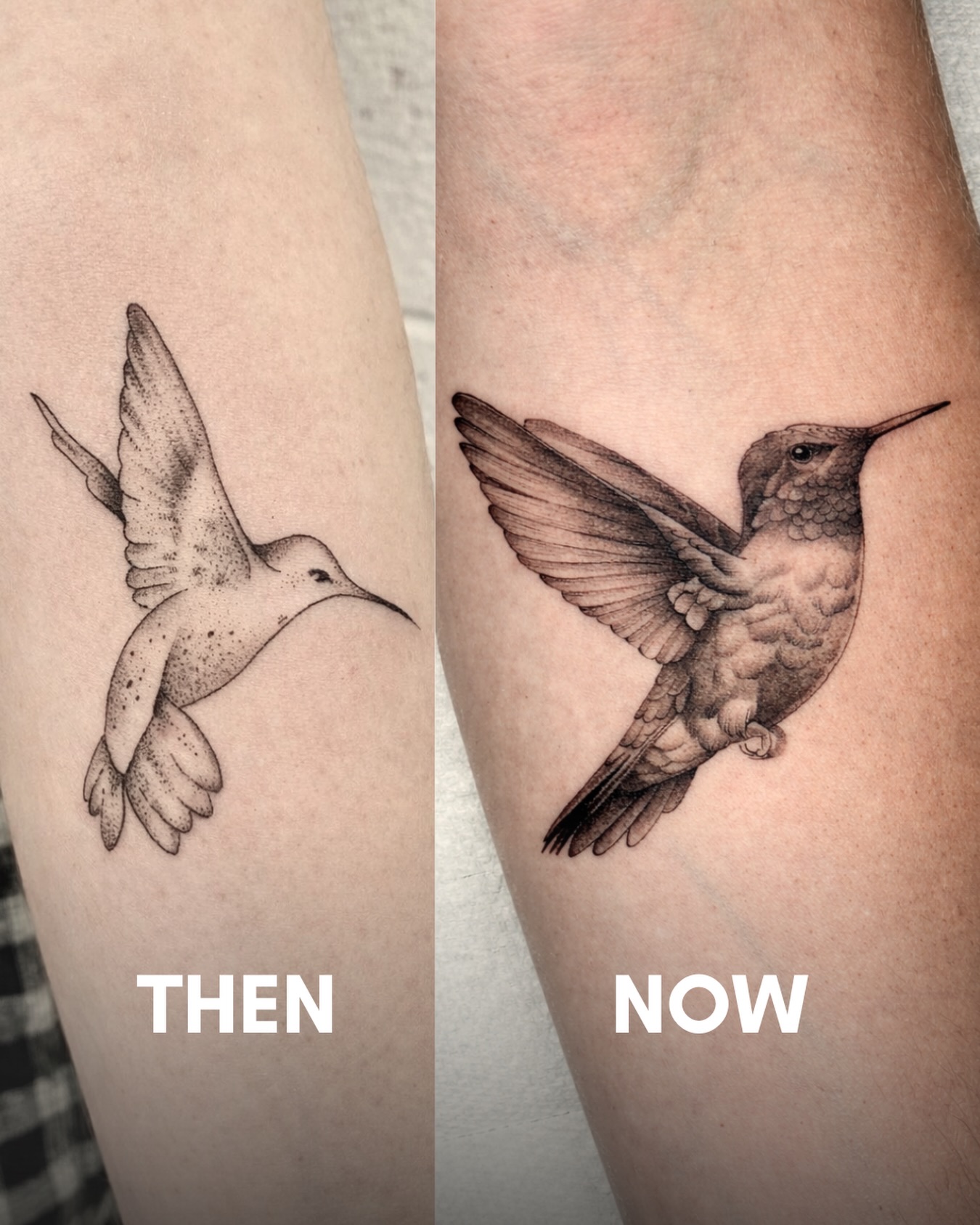 Another flashback to my first year tattooing. The tattoo on the left was 2020. The tattoo on the right is from last summer, 2025. Same subject matter - different artistry and technical ability.
As a young tattoo artist, it was so exciting to keep getting projects. Every new client felt like “omg, I’m actually doing this!”
But it was still nerve-wracking to tackle a design for the first time. Hoping, without data yet to back it up, that I would actually be able to do it. This hummingbird (left) was like that for me. Probably the first one I would do in my career.
Fast forward five years and maybe one of my favorite bird tattoos to date is the hummingbird on the right. I continue to push myself on shading, contrast and smoothness of gradients. And I think it’s really cool to look at both these tattoos and realize that the artist who did each was pushing herself to be better - both back then and still now.
I have by no means ‘arrived’. But I hope to be an encouragement to young artists that if you love this art form, keep going with it. Mastery is built overtime and with an unyielding desire to improve. To look at what you have done and feel inspired to do it better next time. Keep going.
•
#tattoo #tattooEducation #coloradoTattoo #birdTattoo #hummingbirdTattoo