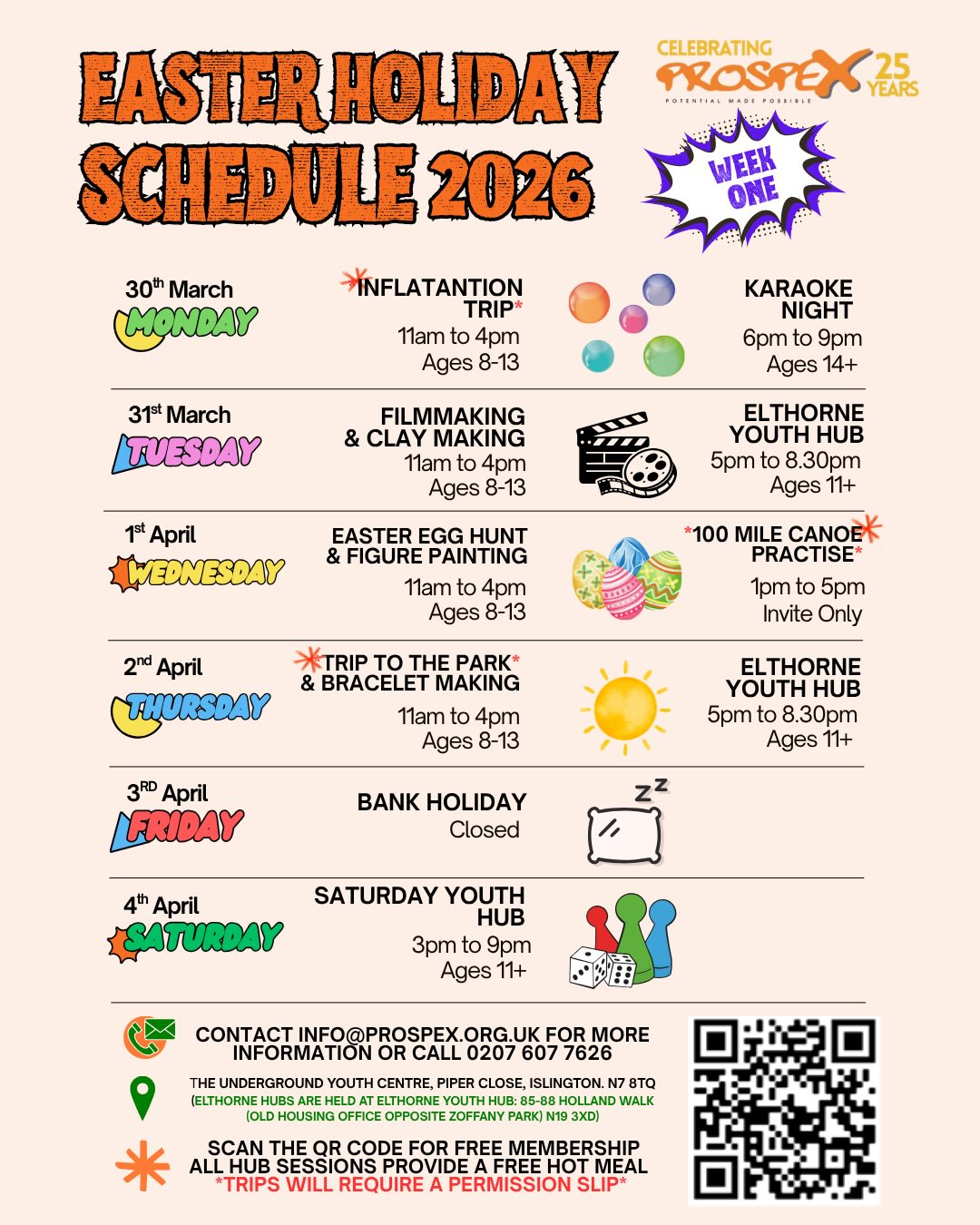 EASTER HOLIDAY SCHEDULE 🐣
We’ll be back on the 30th March with a mega sized holiday programme! Come and join for an action packed holiday featuring music workshops, climbing trips and much more! 💥
As always, every session is free and a hot meal is provided in Hub. Please note that permission slips are needed in advance of any trips so email alan@prospex.org.uk for more information ☀️
See you there 💚
#youthcharity #thingstodoinlondon #youthclub