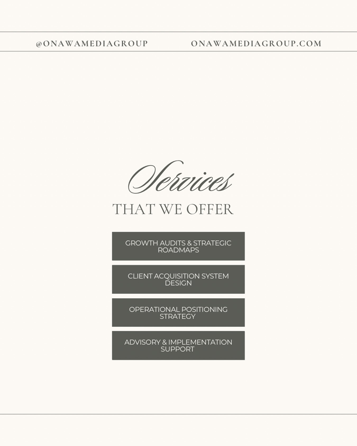 Onawa Media Group supports healthcare practices and professional firms with simple, structured strategies for growth.
Our services include:
• Growth audits & strategic roadmaps
• Client and patient acquisition systems
• Operational positioning strategy
• Advisory & implementation support
Designed to help you improve operations, attract more clients, and scale with clarity.
Book your consultation online to get started.
onawamediagroup.com
#Strategy #Consulting #Healthcare #Entrepreneurship #OMG
