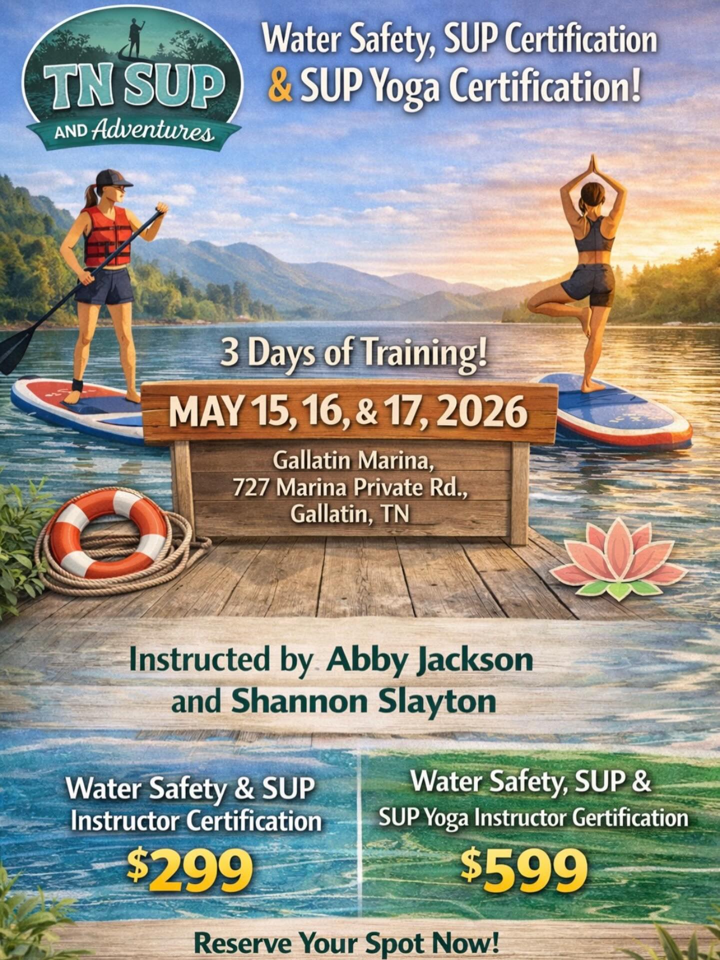 Water Safety + Beginner SUP Instructor Training + SUP Yoga Certification
May 15th - 17th, 2026.
Friday, May 15th, 4PM – 7 PM
Saturday, May 16th, 8 AM – 4 PM
Sunday, May 17th, 8 AM –12 PM
This immersive, co-ed weekend will teach you:
✔ Paddle skills + stroke mechanics
✔ Rescue + safety systems
✔ First aid recommendations for lake outings
✔ How to teach beginner paddle classes
✔ How to lead SUP yoga safely and creatively
Boards + equipment provided.
If you love being on the water…
If you want to improve skills and safety with your board…
If you’ve ever thought,
“I’d love to lead this”
If you want to add outdoor programming to your fitness or wellness offerings…
This is your next step.
✨Solidify your knowledge of paddling safety and gain confidence in your teaching skills.
Spots will be limited for a personalized training experience.
Early Bird Discount if registered by April 30th
$299 - Water Safety and SUP Instructor Certification Only (2 days)
$599- Water Safety, SUP and SUP Yoga Instructor Certification (3 days)
Price Increases May 1st
$349 - Water Safety and SUP Instructor Certification Only (2 days)
$649 - Water Safety, SUP and SUP Yoga Instructor Certification (3 days)
✨Let’s rise. Let’s glide. Let’s lead.
Instructors Abby and Shannon
Gallatin Marina
Email info@tnsupandadventures.com or
DM for questions and more information. #sup #supyoga #lake #lead