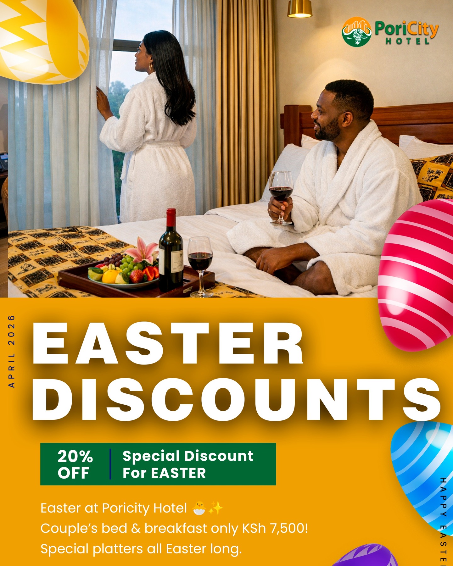 Celebrate love this Easter ๐ฃโจ
Escape to PoriCity Hotel with 20% OFF!
Coupleโs bed & breakfast at only KSh 7,500 โ plus indulgent platters all weekend long!