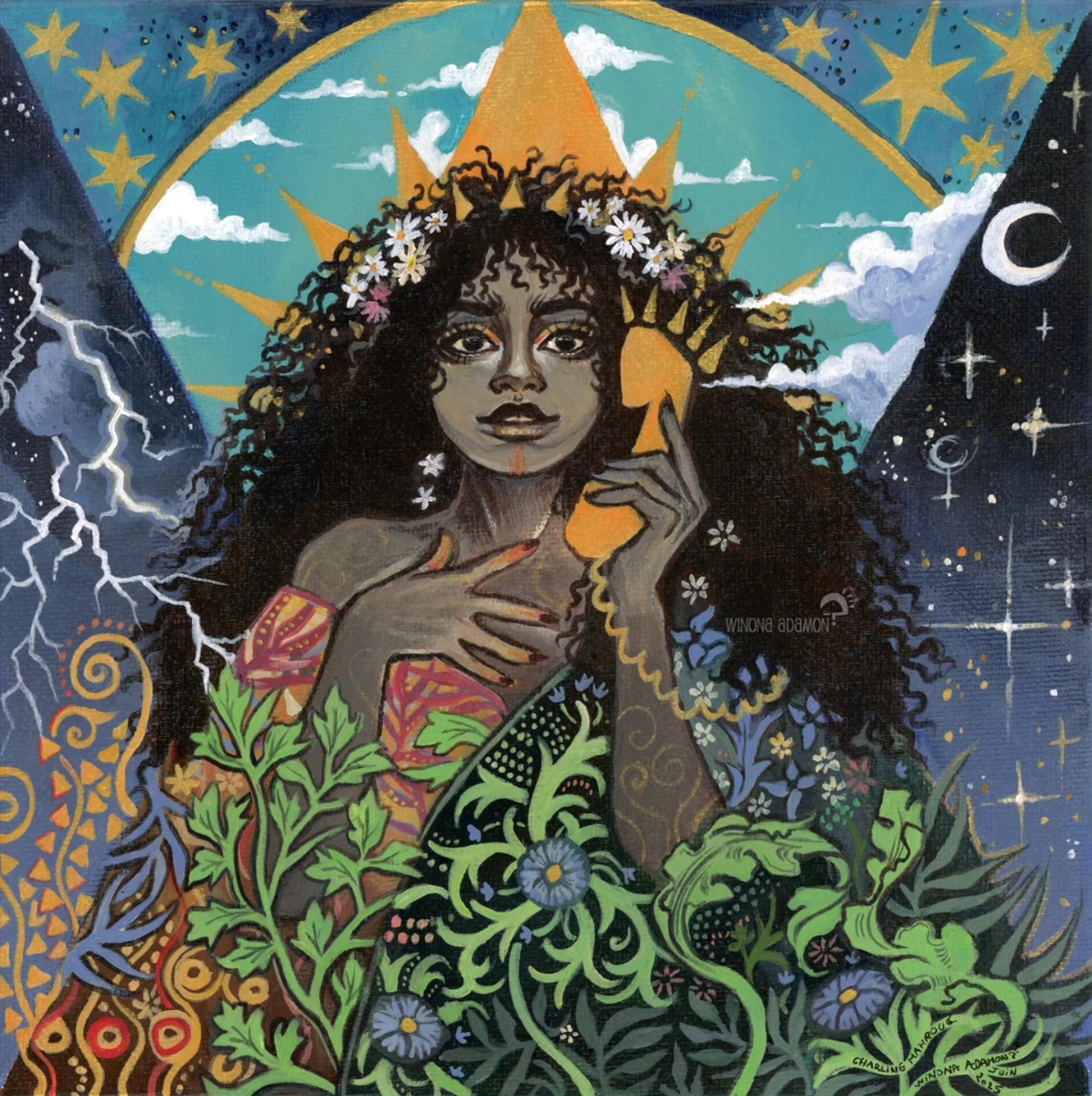 ~*✨️ The Summer Empress / L'Impératrice de l'Été ✨️ *~
-
🇫🇷 Ma participation au thème "Summer Queen" de mon collectif Star Dust Artist est arrivée ! Certain-e-s d'entre vous à l'oeil affûté y aurons reconnu des éléments-hommages (des "élémommages" 😄 ) à Gustav Klimt et William Morris ; ainsi qu'un gros clin d'oeil à la troisième arcane du tarot "l'Impératrice", un symbole puissant de fertilité, d'abondance, et de "divin féminin" qui porterait très bien le nom de Déméter.
Une peinture acrylique sur carton entoilé de format 20x20cm, le scan ne lui rend pas toute sa force, mais c'est un constat habituel
En attendant, rendez-vous sur la page insta de @stardustartists et sur facebook pour y voir toute les autres incroyables participations !
-
🇬🇧 My entry for the "Summer Queen" theme of my Star Dust Artist collective has arrived! Some of you with a sharp eye will have recognized elements of homage ("elemomage" 😄 ) to Gustave Klimt and William Morris; as well as a big nod to the third arcana of the tarot, "the Empress", a powerful symbol of fertility, abundance and the "divine feminine", which could very well be called Demeter.
An acrylic painting on 20x20cm canvas board, the scan doesn't quite give it back its strength, but that's a common observation
In the meantime, head over to @stardustartists 's insta page and facebook to see all the other incredible entries!
-
#stardustartcollective #summerqueen