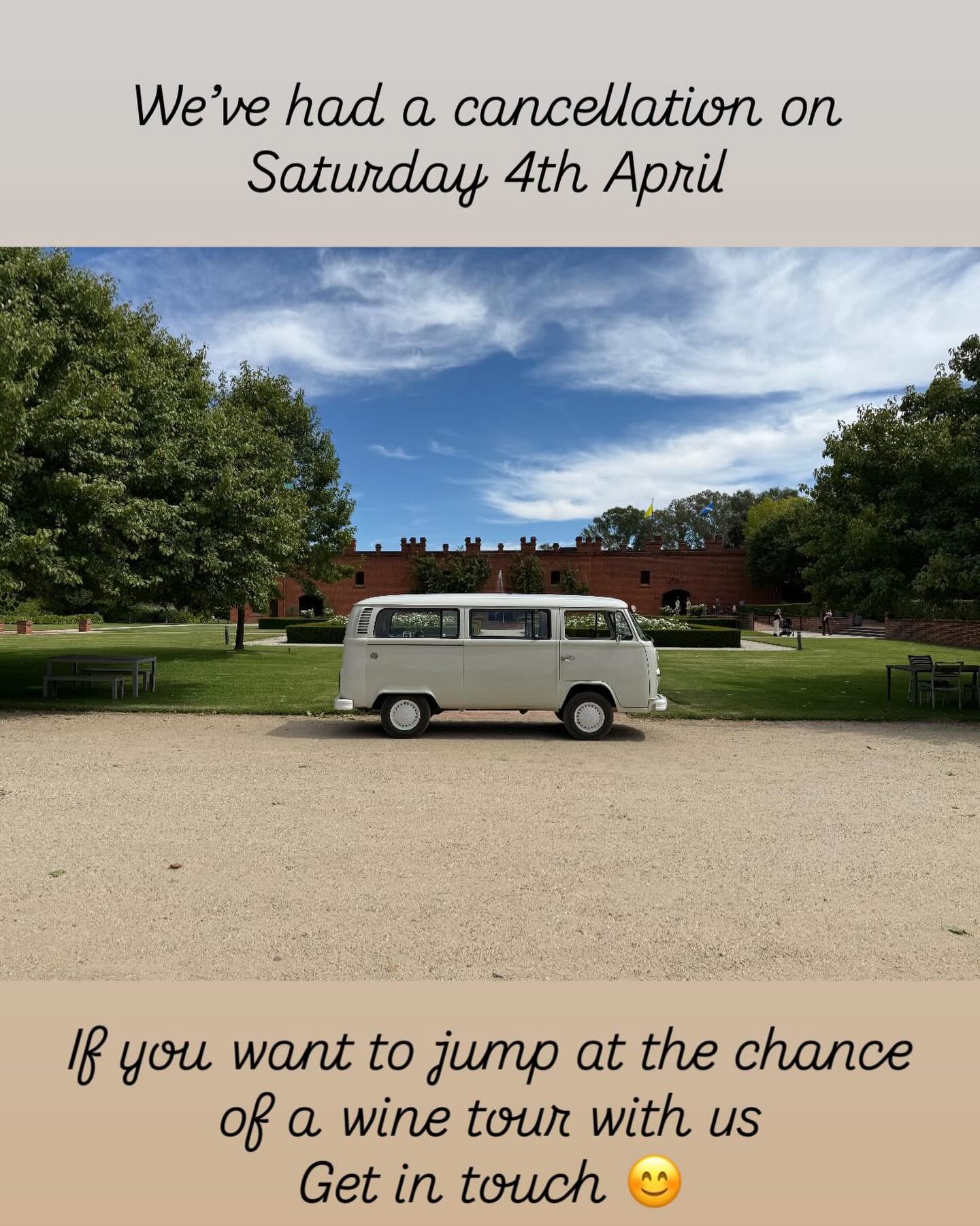 We’ve had a cancellation.
It you don’t fancy cruising between cellar doors, tantalising tastings or sipping in the 70’s having a cracking day out then don’t get in touch!
But if you do then we will be happy to hear from you 🥂🎉😊
#bestwinetours