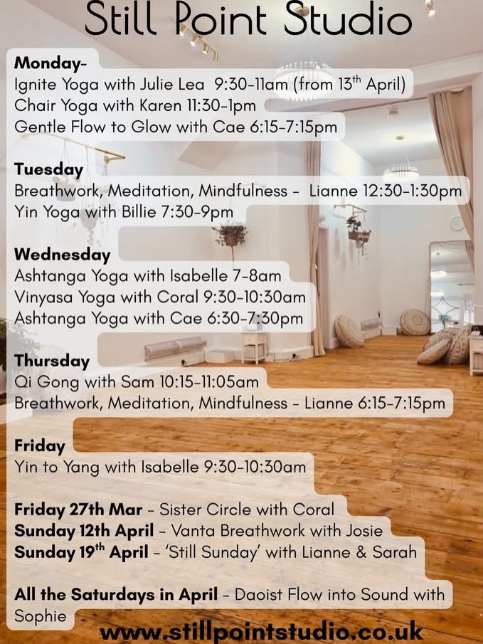 Have you checked out the Still Point Studio on Ilfracombe High street yet?!
Cosy, warm with all equipment provided and some amazing teachers offering beautiful, nurturing classes every day.
Yoga for all levels and preferences, Breathwork, Mindfulness, Meditation, Qi Gong, Sound Baths, all the souls therapies on your door step.
Whats more, we are giving away free classes! All you have to do is follow us and repost this post and comment ‘done’
When we hit 300 followers (we are pretty close) we will pick 4 lucky people to choose which class they would like to try for free x
Check out www.stillpointstudio.co.uk for more details of how to book each class.
See you soon! Love the Still Point Team.