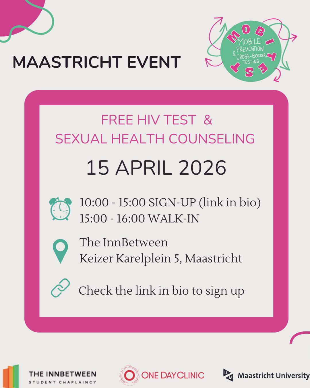 We are back with our testevent: 15 april 2026 is the day!
Come by to ask all your questions about sexual health and get tested for HIV for free!
You can register via our linkinbio or walk-in is also possible between 15.00-16.00.
See you there!
***This test event is part of our new project: MOBITEST! We will share more updates soon.