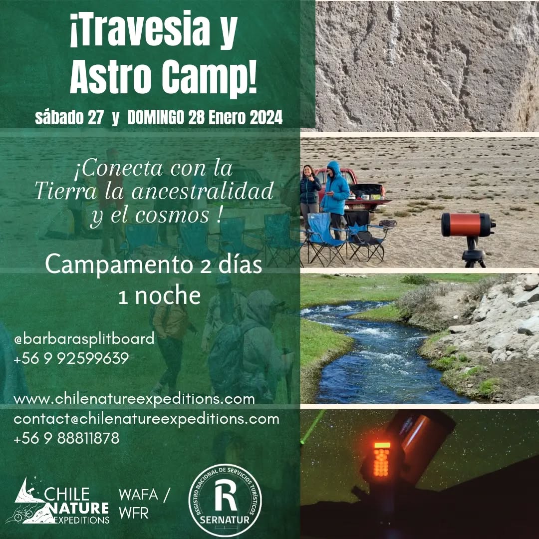 Travesia y astrocamp.
¡Conecta con la Tierra la ancestralidad y el cosmos! ¡vive una experiencia única en el Alto Maule!⭐️⛺️
Sábado 27 y domingo 28 de enero 2024.
Campamento 2 días y 1 noche en el alto Maule.
Para más consultas y valores escríbenos a los whatsapp
+56 9 92599639
+56 9 88811878
contact@chilenatureexpeditions.com
No te quedes sin tu cupo, ¡Te esperamos!
Pagos con Transferencia, Tarjetas y Webpay
Ingresa al link de @tralkaroad.cl y reserva tu cupo
https://tralkaroad.cl/products/expedition-and-astrocamp-alto-maule
//////////////////////////////////////////////////////////////////
We have a date! Expedition and astrocamp.
Connect ancestrality of the Earth and cosmos! Live a unique experience in the Alto Maule!⭐️⛺️
Saturday, January 27 and Sunday, January 28, 2024.
Camp 2 days and 1 night in the Alto Maule.
For more information and price write to us on whatsapp
+56 9 92599639
+56 9 88811878
contact@chilenatureexpeditions.com
don't miss this adventure, we're waiting for you!
Payments with Transfer, Cards and Webpay
#ExperienciaRARI
#turismoastronomico #astroturismo #estrellas #cielonocturno
@barbarasplitboard @gustavoguldman
@vivecolbun.cl @turismo.colbun @linares.turismo @correvuela_tintorera @ineszuira @diario_el_estratega @namasthetic.linares @sernatur_maule @sernaturchile @sanclementeturistico @turismotalca @mauleturistico