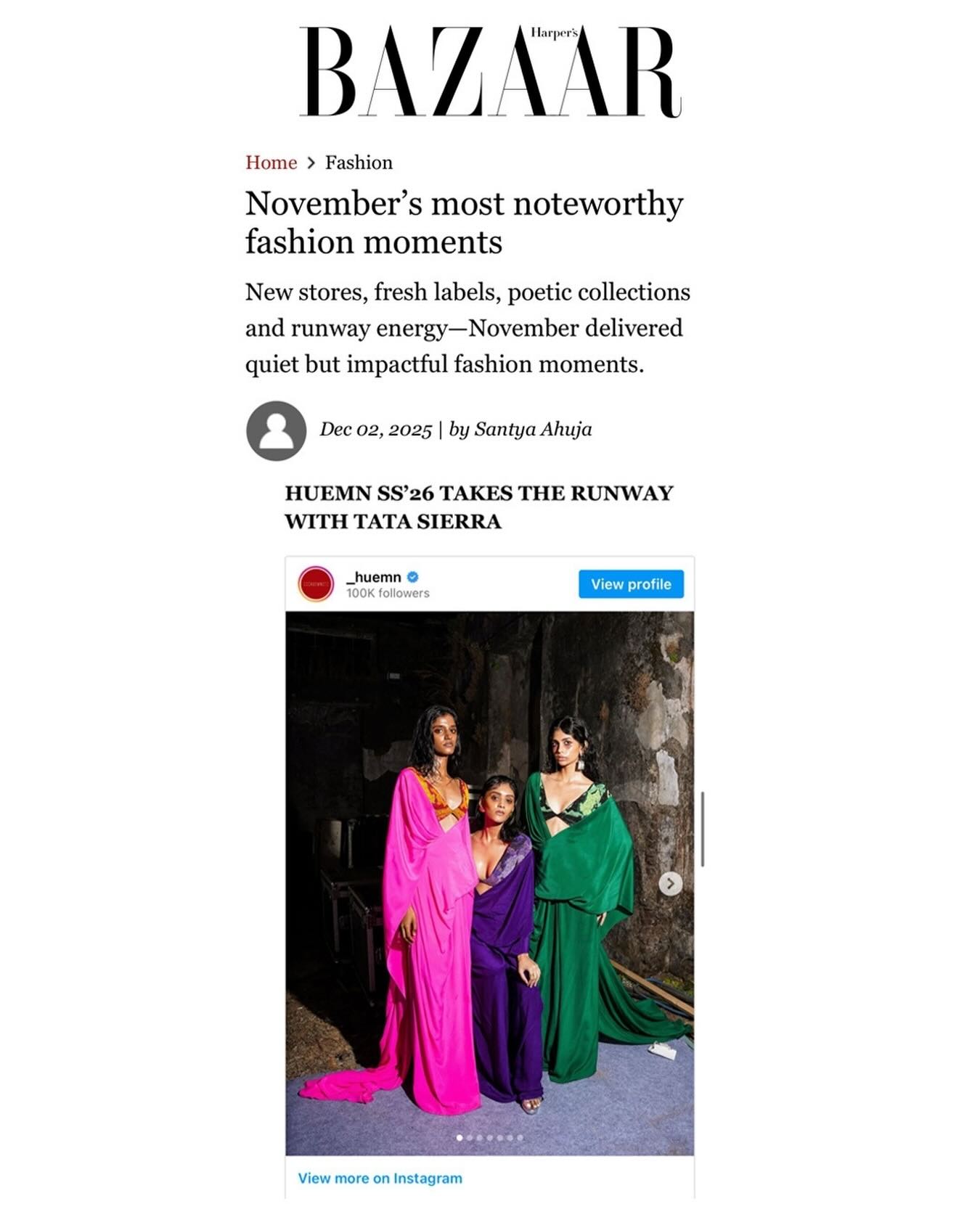 Set against the raw beauty of Mukesh Mills, HUEMN’s SS’26 unfolded across a runway—merging past, present, and future. From sharply tailored silhouettes to detailed handwork, the collection celebrated 13 years of HUEMN, culminating in a striking finale by Harmanpreet Kaur. The Tata Sierra x HUEMN capsule added a bold, cultural crossover to the narrative. @HarperBazaar
#HUEMN #FashionEditorial #ModernIndia #TGS