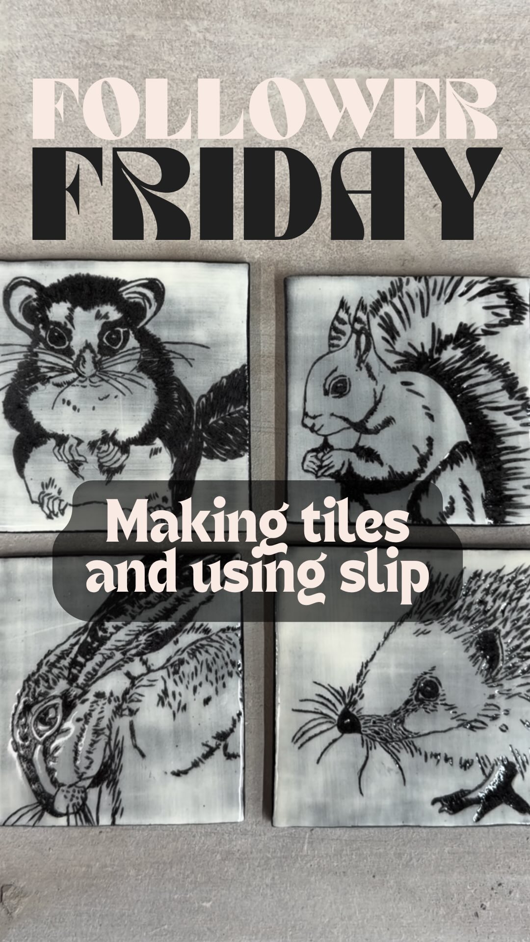 📢 FOLLOWER FRIDAY 🎉🎉 This week we’re making tiles and using colored slip to decorate them ✨ Special shoutout for the amazing animal tiles featured, made by our talented member @ruth_mitchell_ceramics 🌟